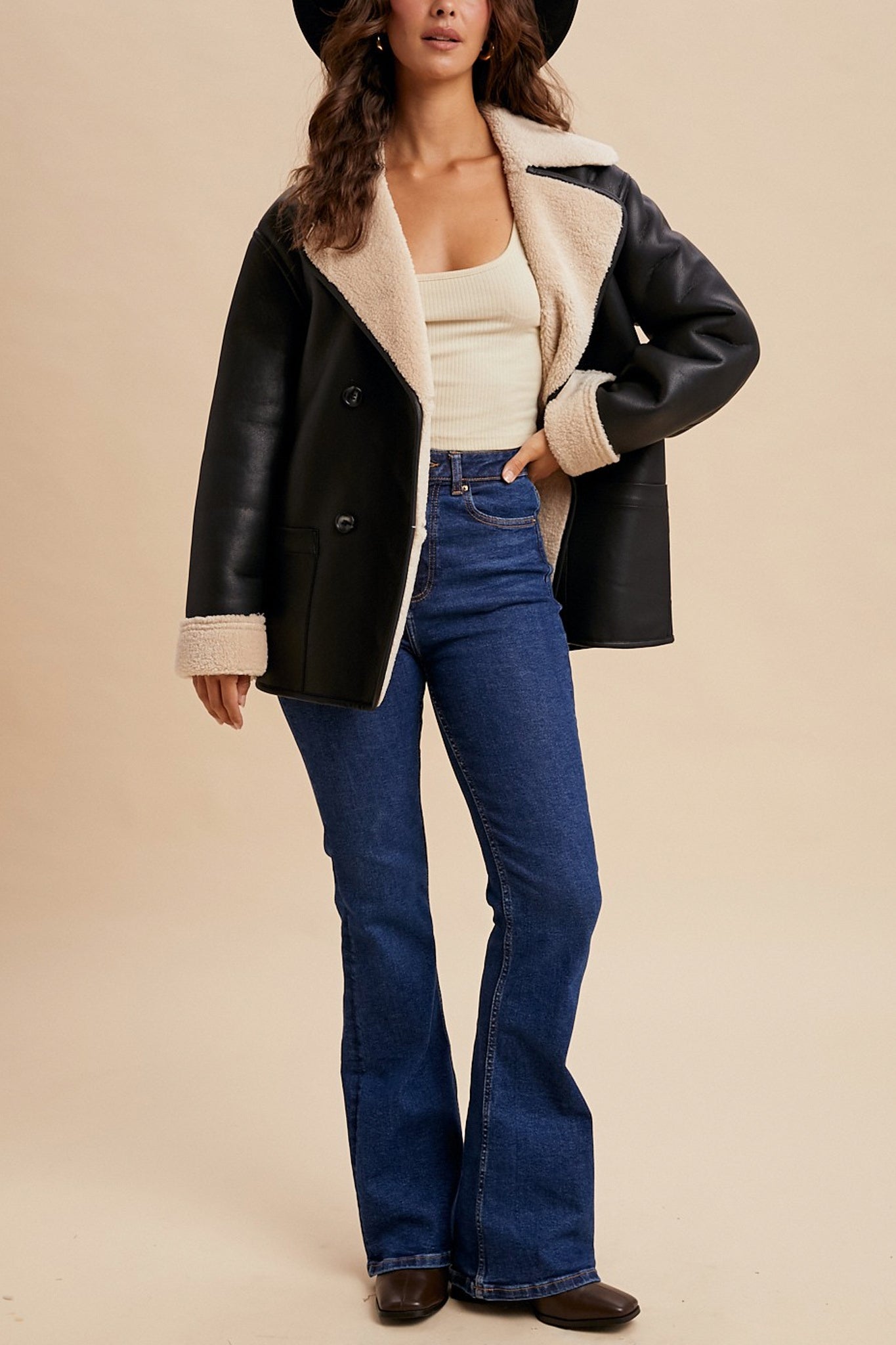 Vegan Faux Leather Shearling Coat