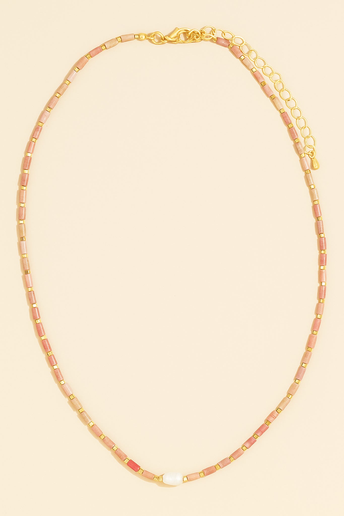 Delicate blush beaded pearl necklace from Larrea Cove's new arrivals, perfect for adding a boho coastal touch to any outfit.