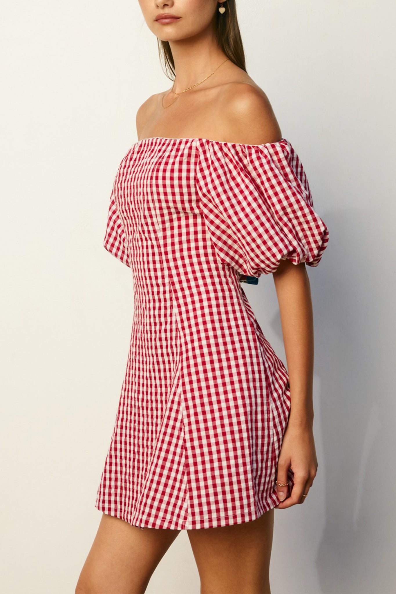 Gingham Off The Shoulder Mini Dress