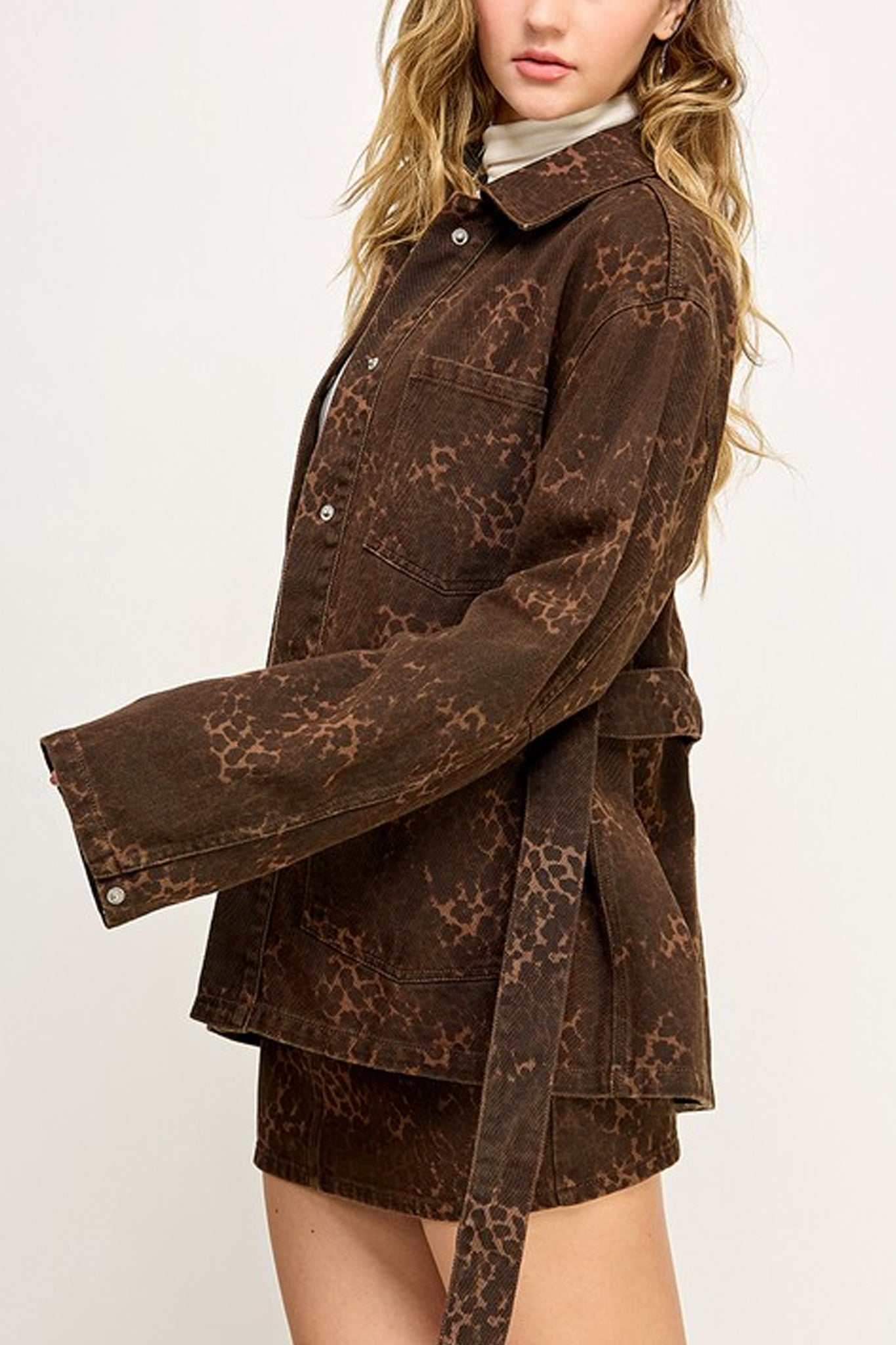 Oversized Leopard Belted Denim Jacket