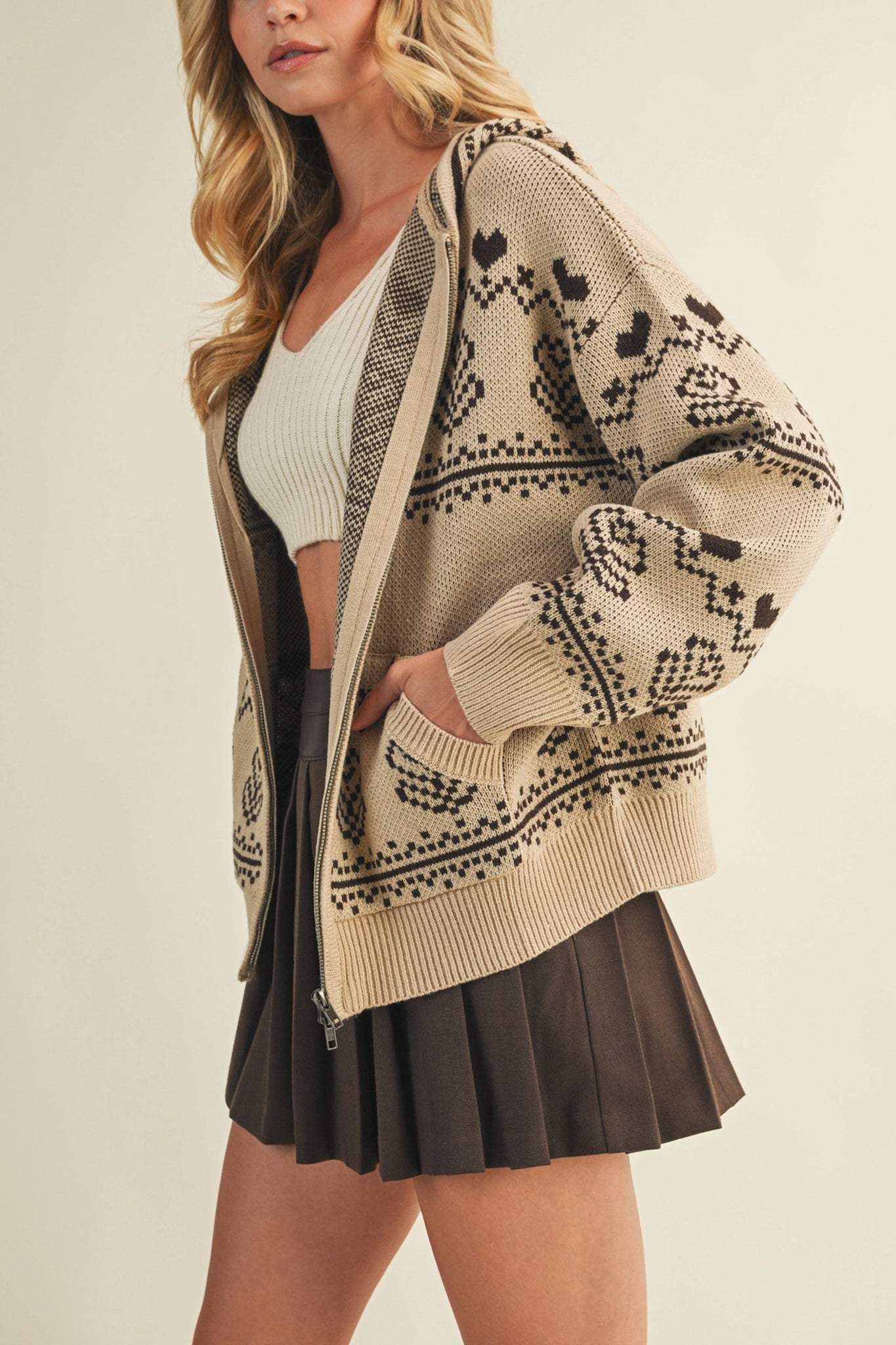 Fair Isle Knit Zip Hoodie