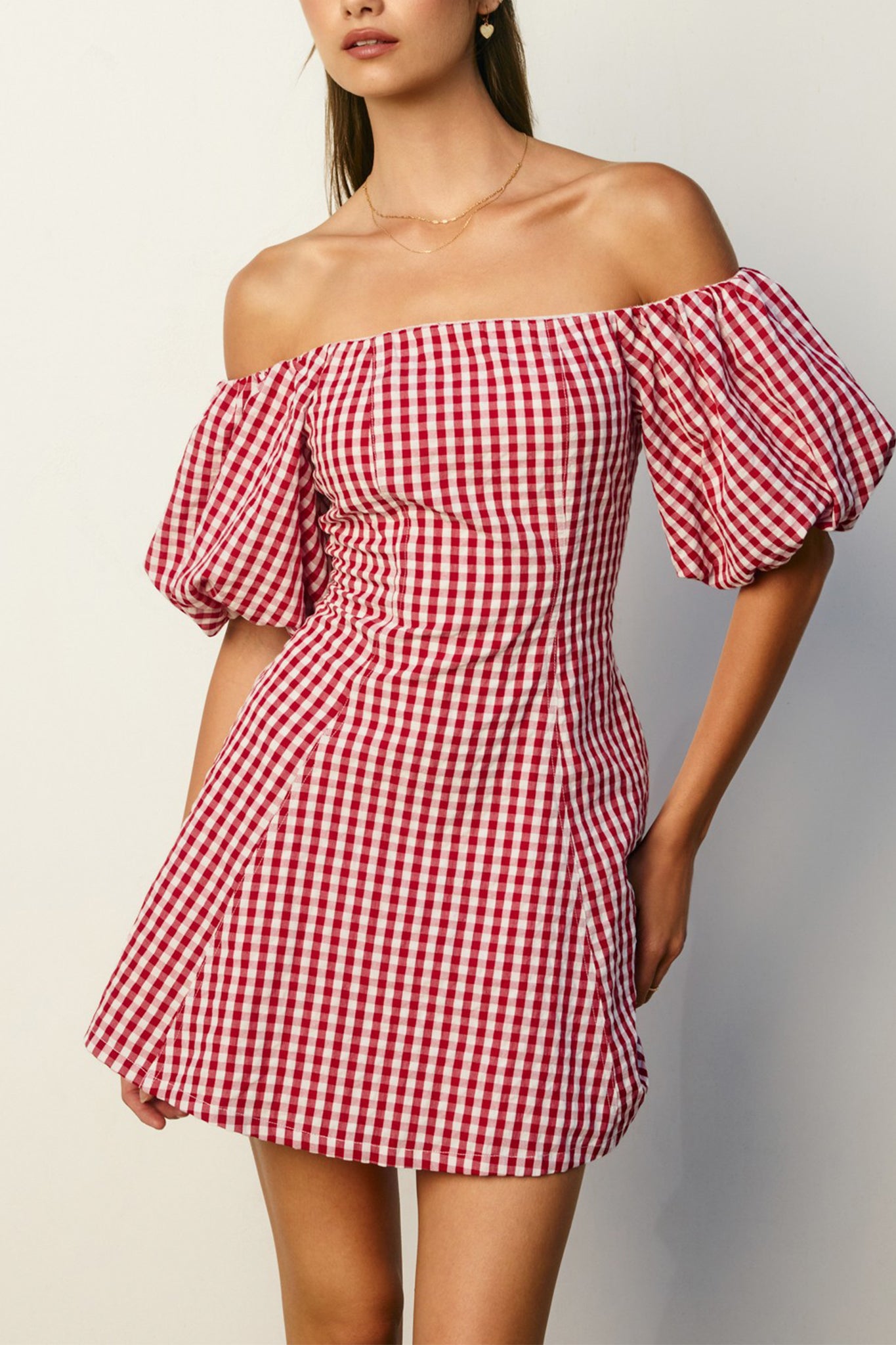 Gingham Off The Shoulder Mini Dress