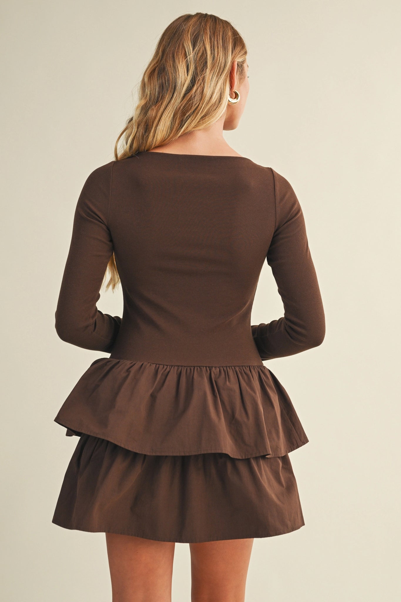 Espresso Boat Neck Tiered Ruffle Dress