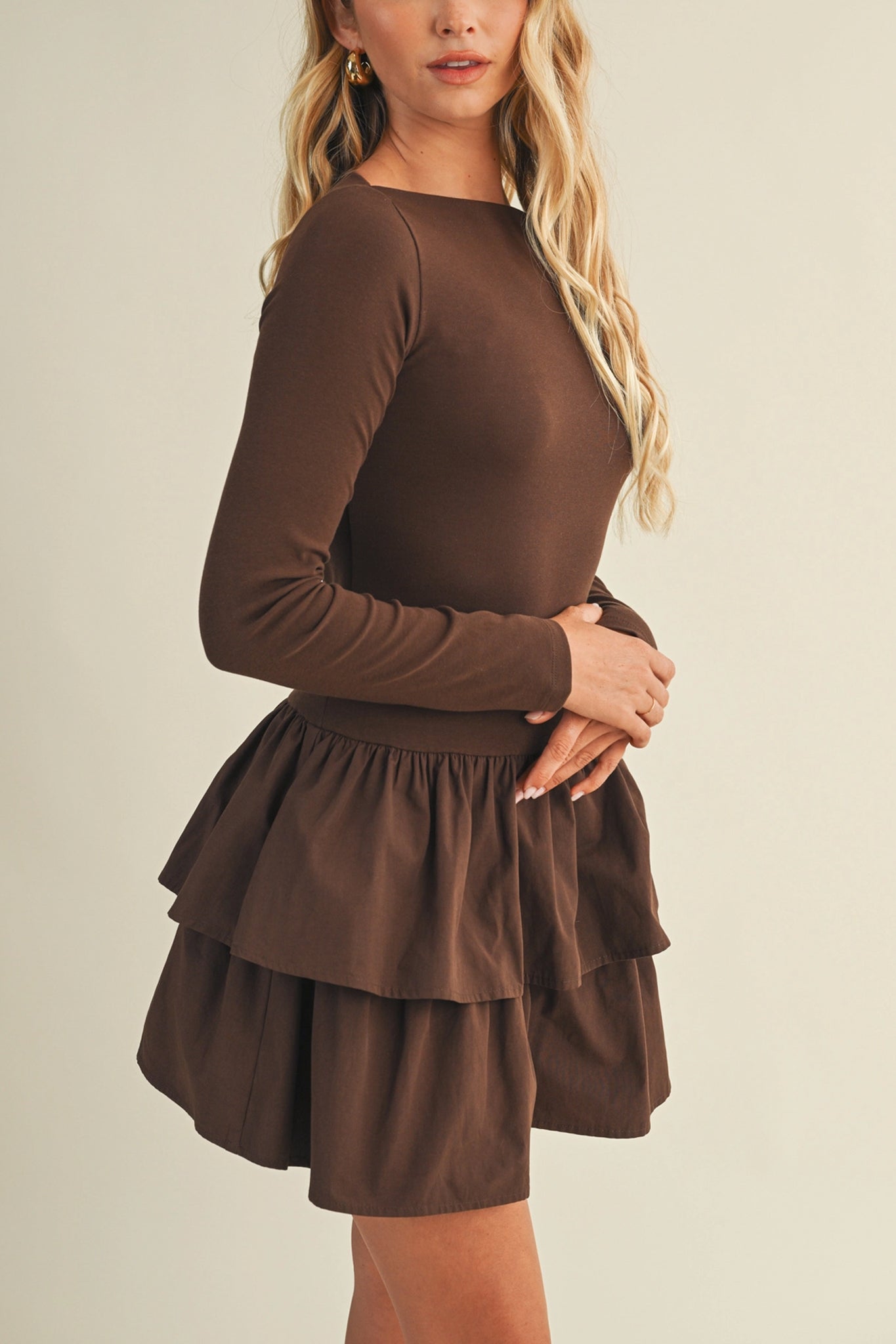 Espresso Boat Neck Tiered Ruffle Dress