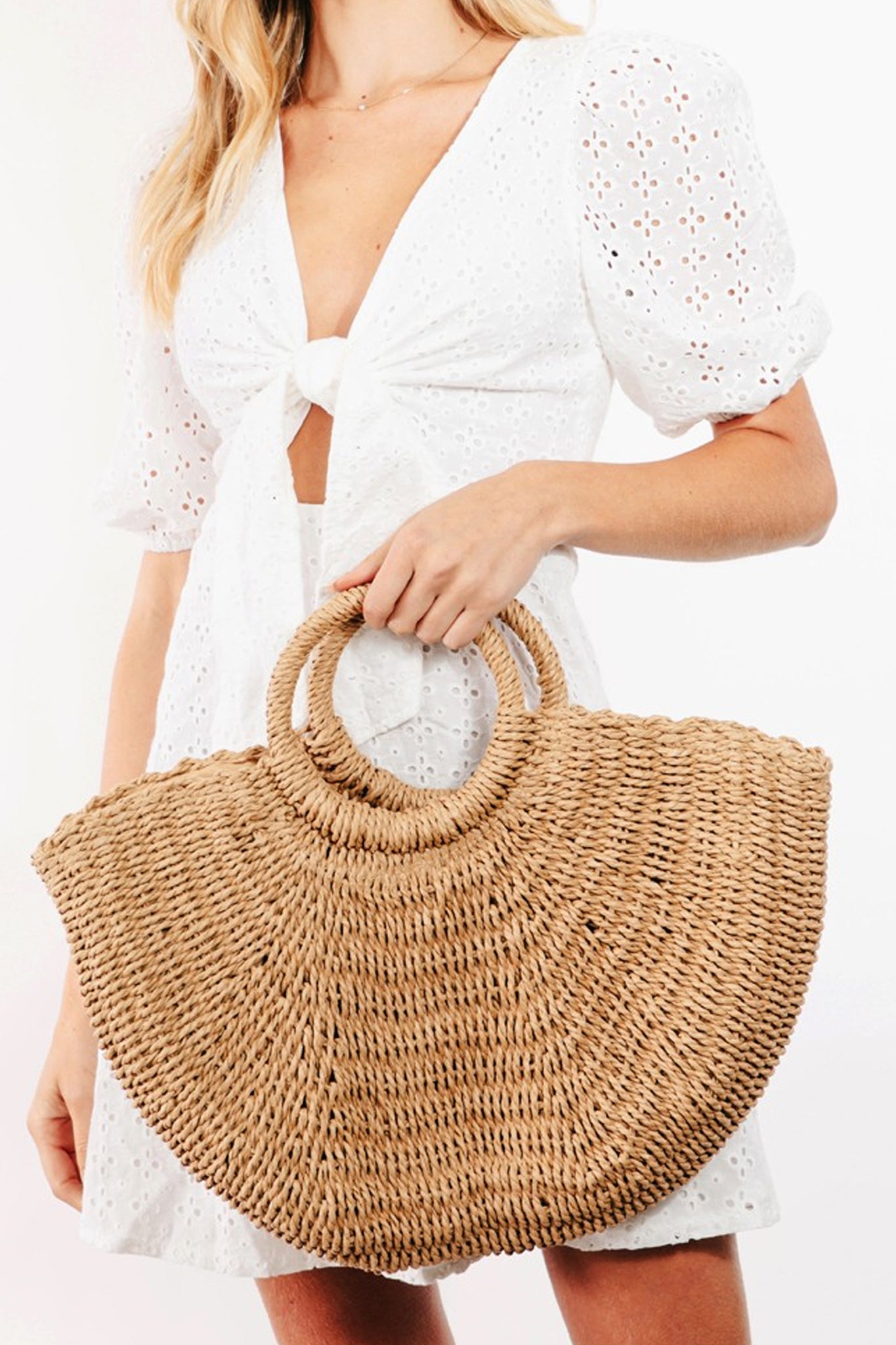 Effortlessly chic Marra Circle Handle Straw Bag in Tan, perfect for boho coastal outings, part of Larrea Cove's new arrivals.