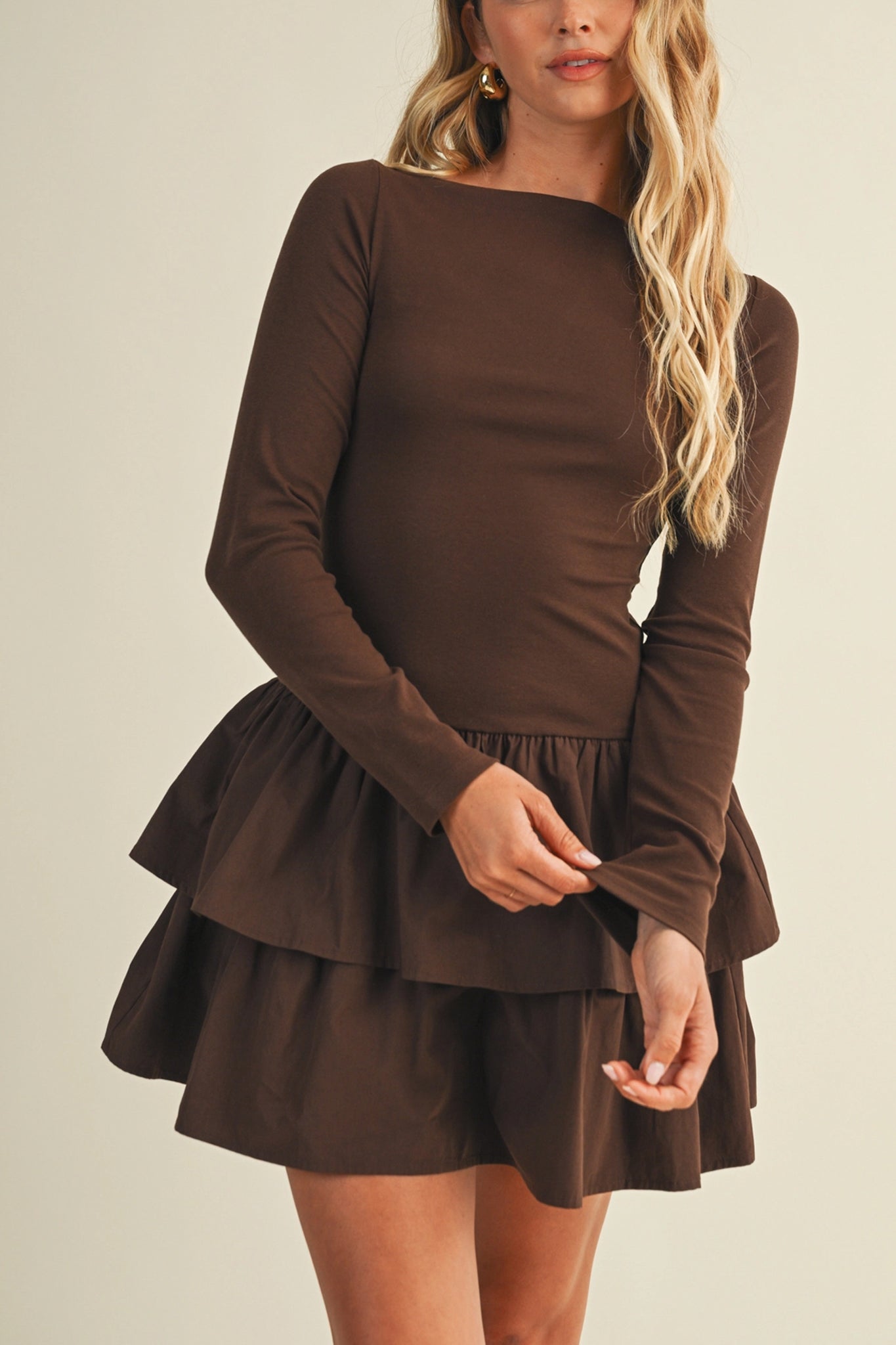 Espresso Boat Neck Tiered Ruffle Dress