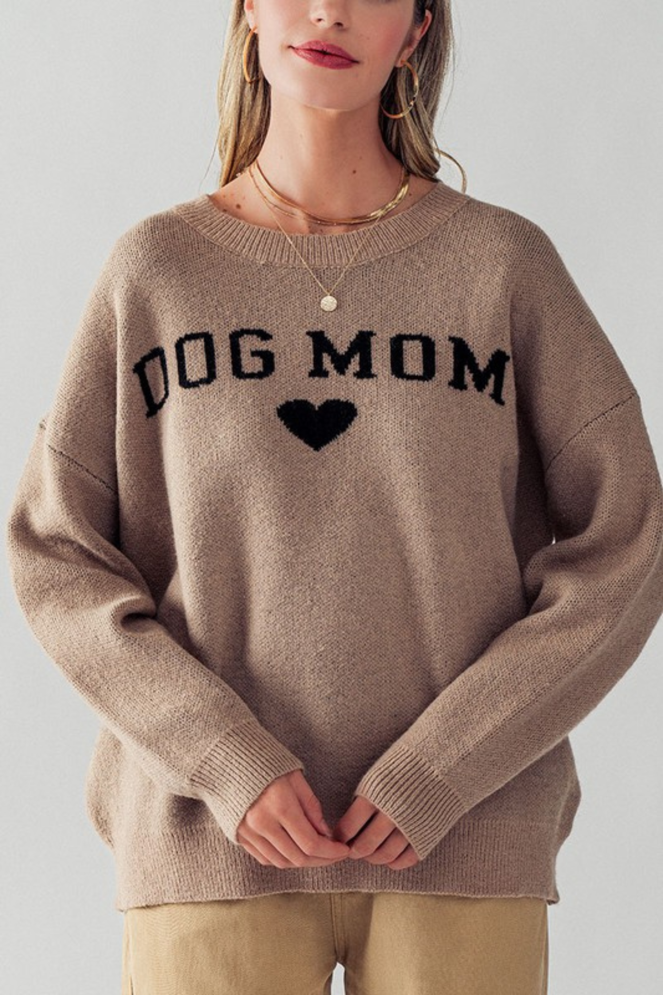 View 2 of Dog Mom Pullover in Taupe, a Sweaters from Larrea Cove. Detail: .