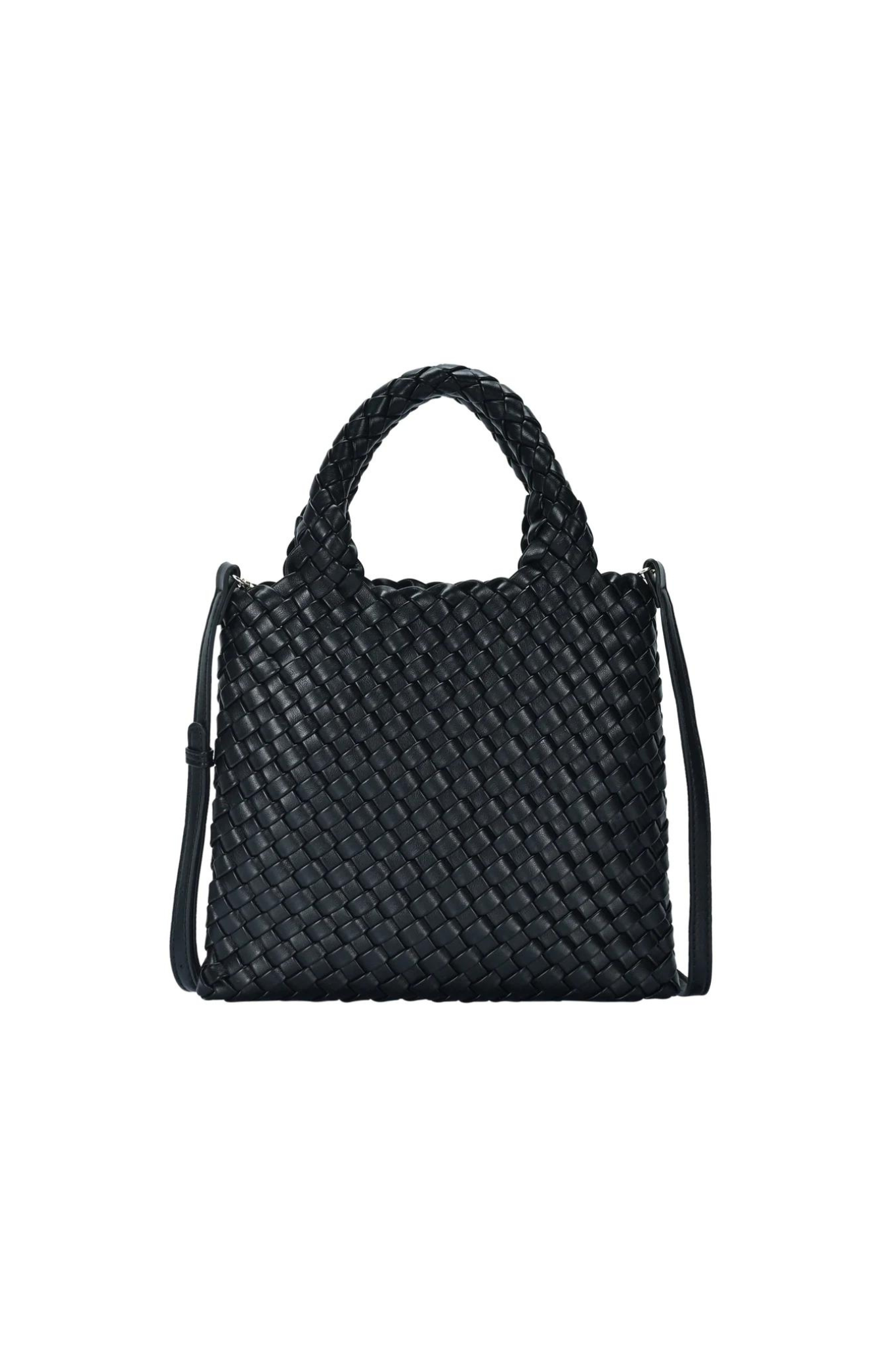 2 in 1 Woven Handle Tote Bag with Clutch Set in Black_Front