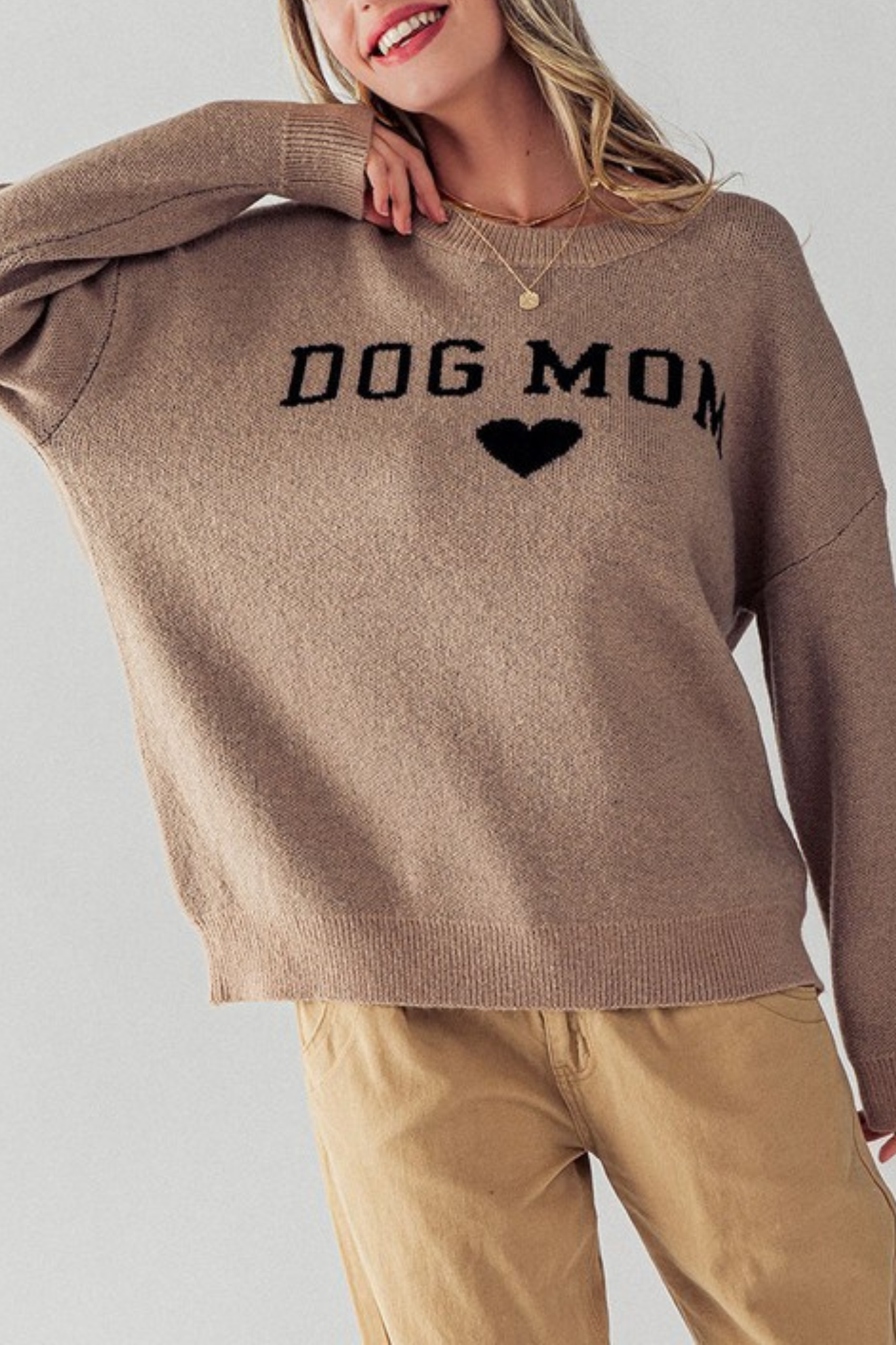 View 4 of Dog Mom Pullover in Taupe, a Sweaters from Larrea Cove. Detail: .