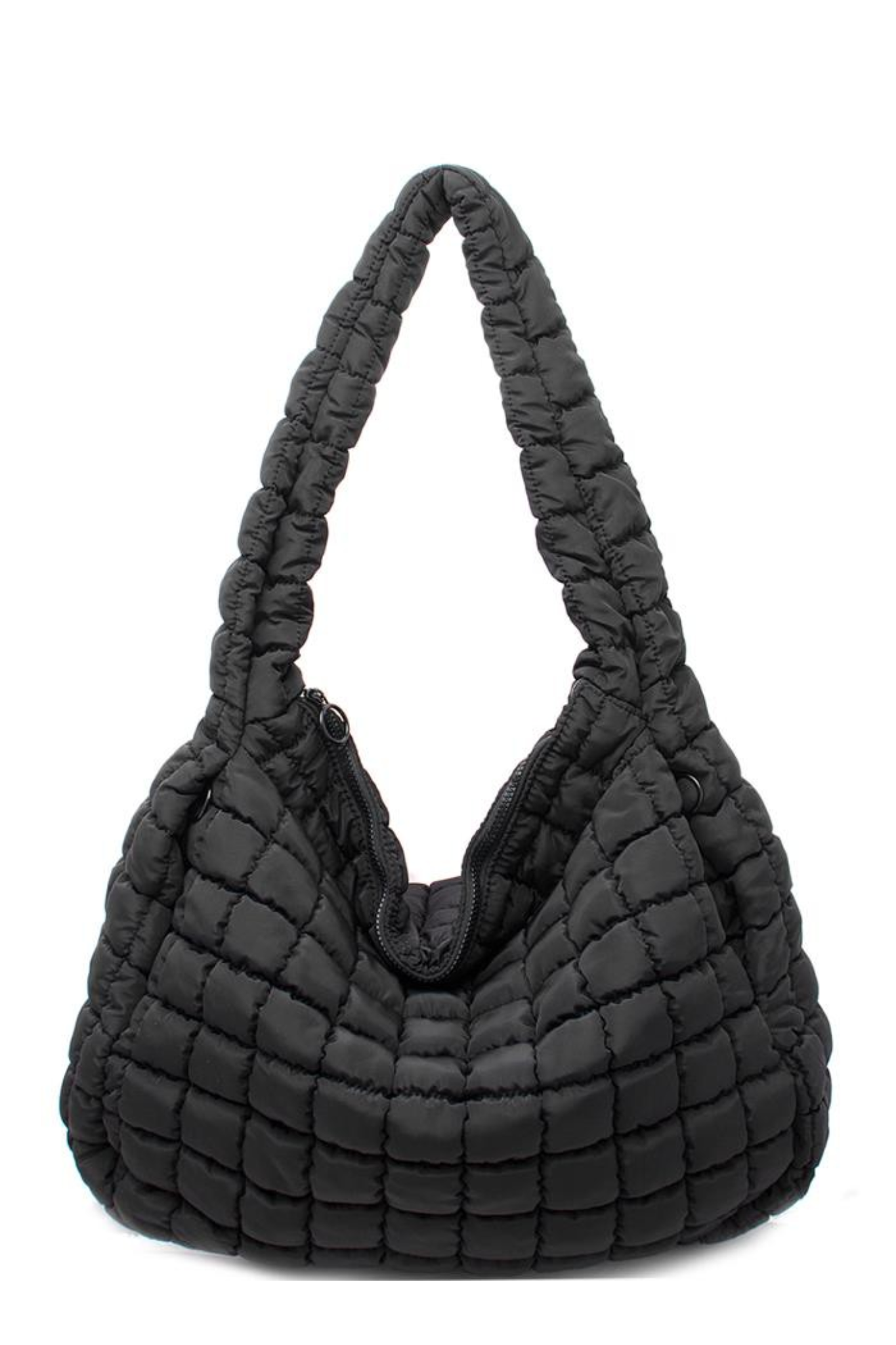 View 1 of Cleo Quilted Hobo Bag in Black, a Bags from Larrea Cove. Detail:
<div class="Flex-sc-14t19kd-0 Column-sc-4nf49i-0 ...