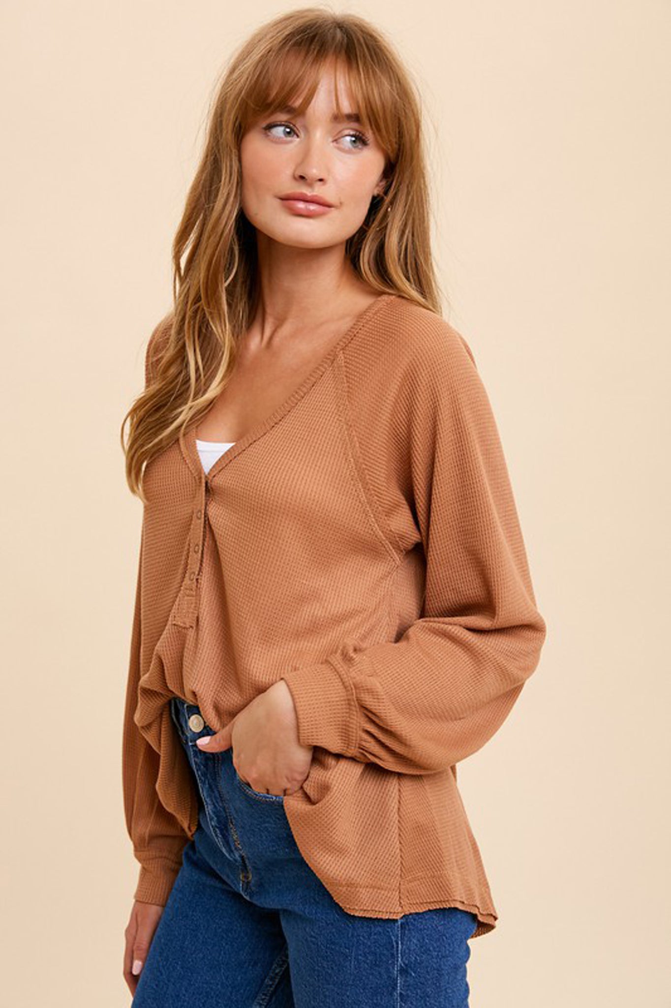 Balloon Sleeve Thermal Knit Button Top