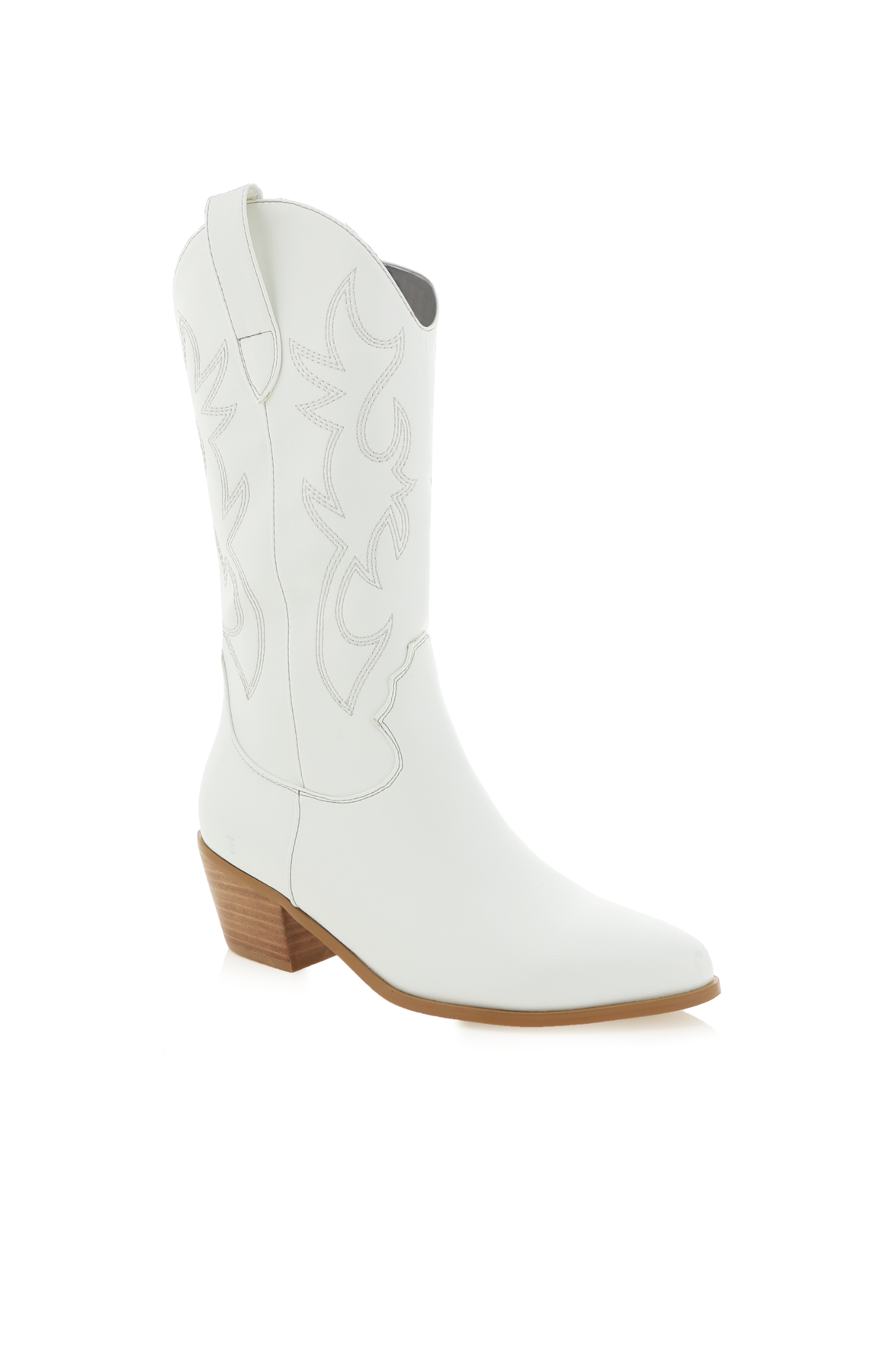 Billini Dixie Boot, a mid-height western-inspired cowboy boot featuring a low stacked block heel, wide fit upper, western embroidery, almond toe shape, and oversized side pull tabs. The boot is made from synthetic materials and is showcased against a neutral background.