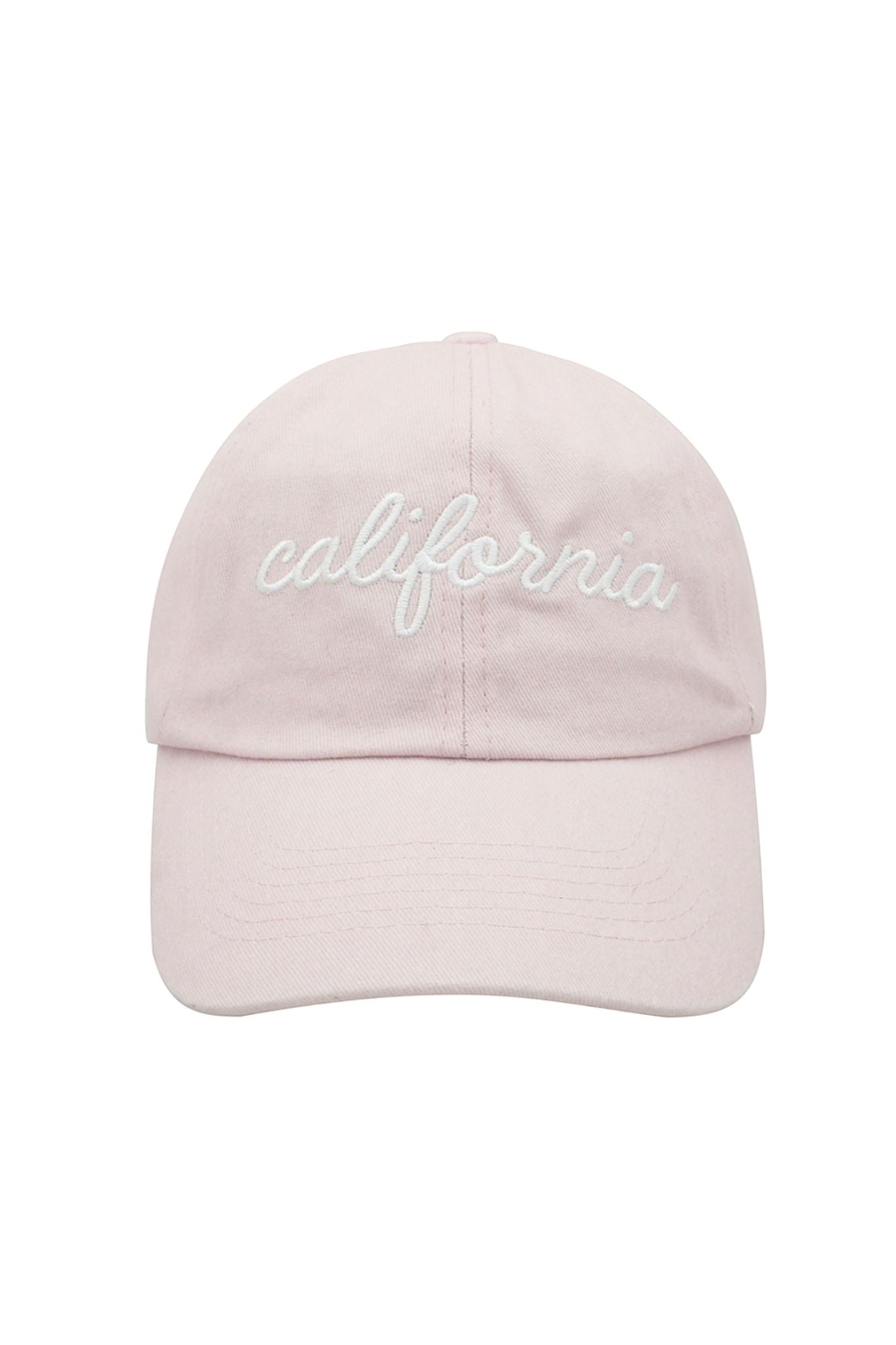 Light pink California baseball hat with embroidered text, showcasing a casual and stylish design. The hat reflects a laid-back California vibe, perfect for outdoor adventures and sunny days.