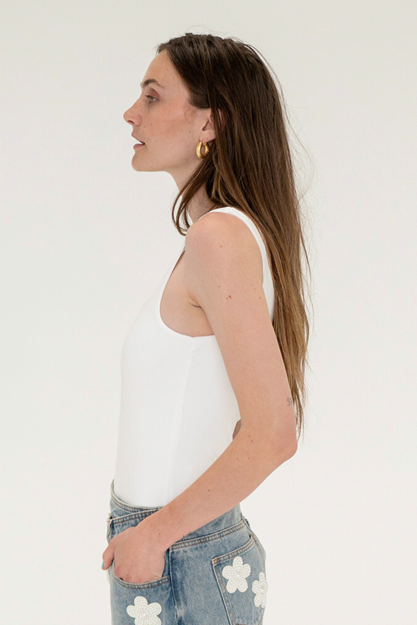 View 2 of Cara Square Neck Bodysuit in Ivory, a Bodysuits from Larrea Cove. Detail: .