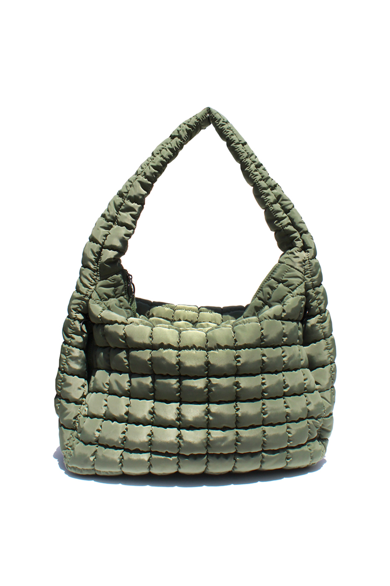 View 1 of Cleo Quilted Hobo Bag in Washed Army, a Bags from Larrea Cove. Detail:
<div class="Flex-sc-14t19kd-0 Column-sc-4nf...
