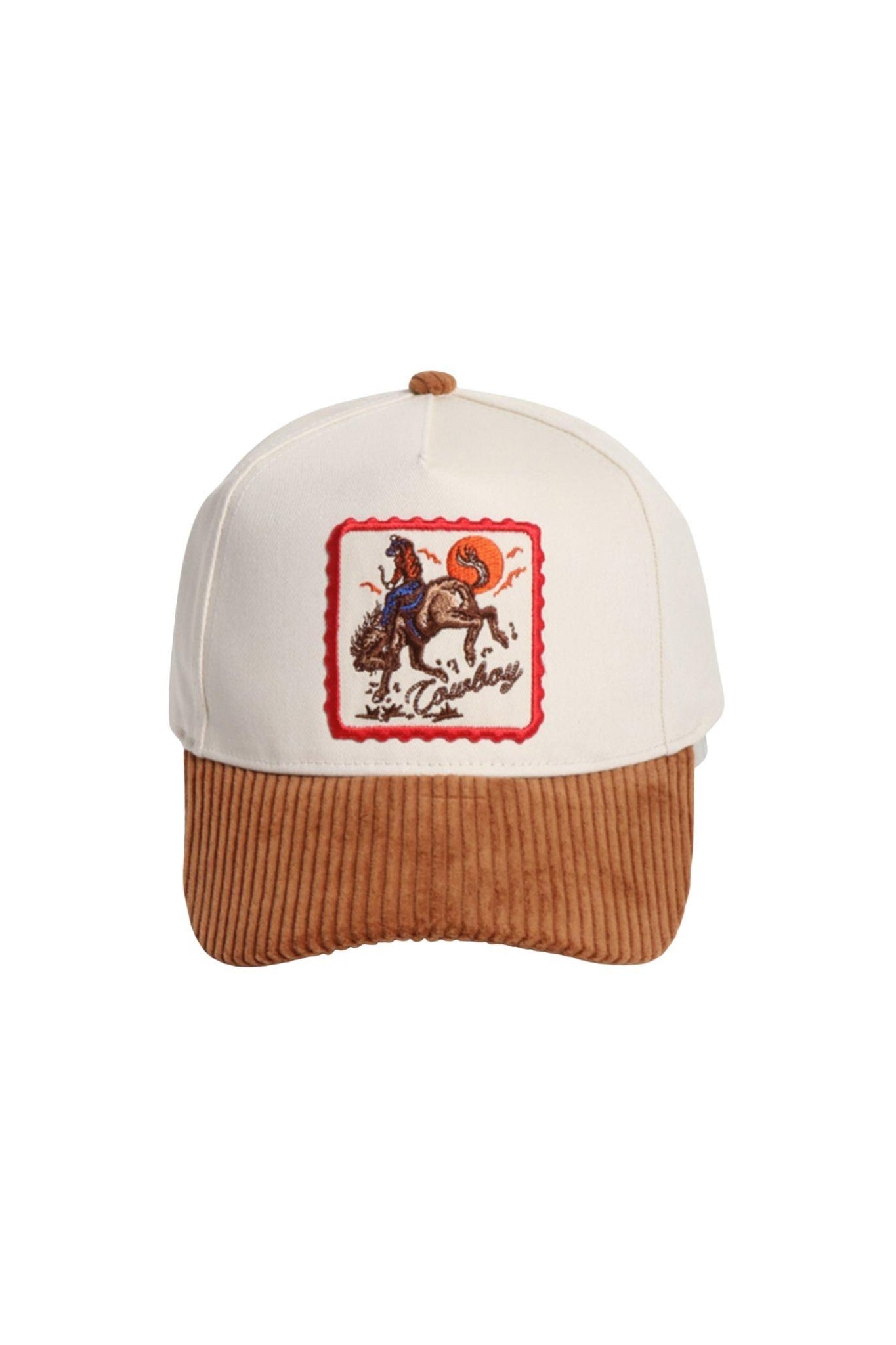 Embrace the boho spirit with Larrea Cove's Cowboy Corduroy Brim Baseball Cap in warm cognac, a perfect accessory for coastal adventures.