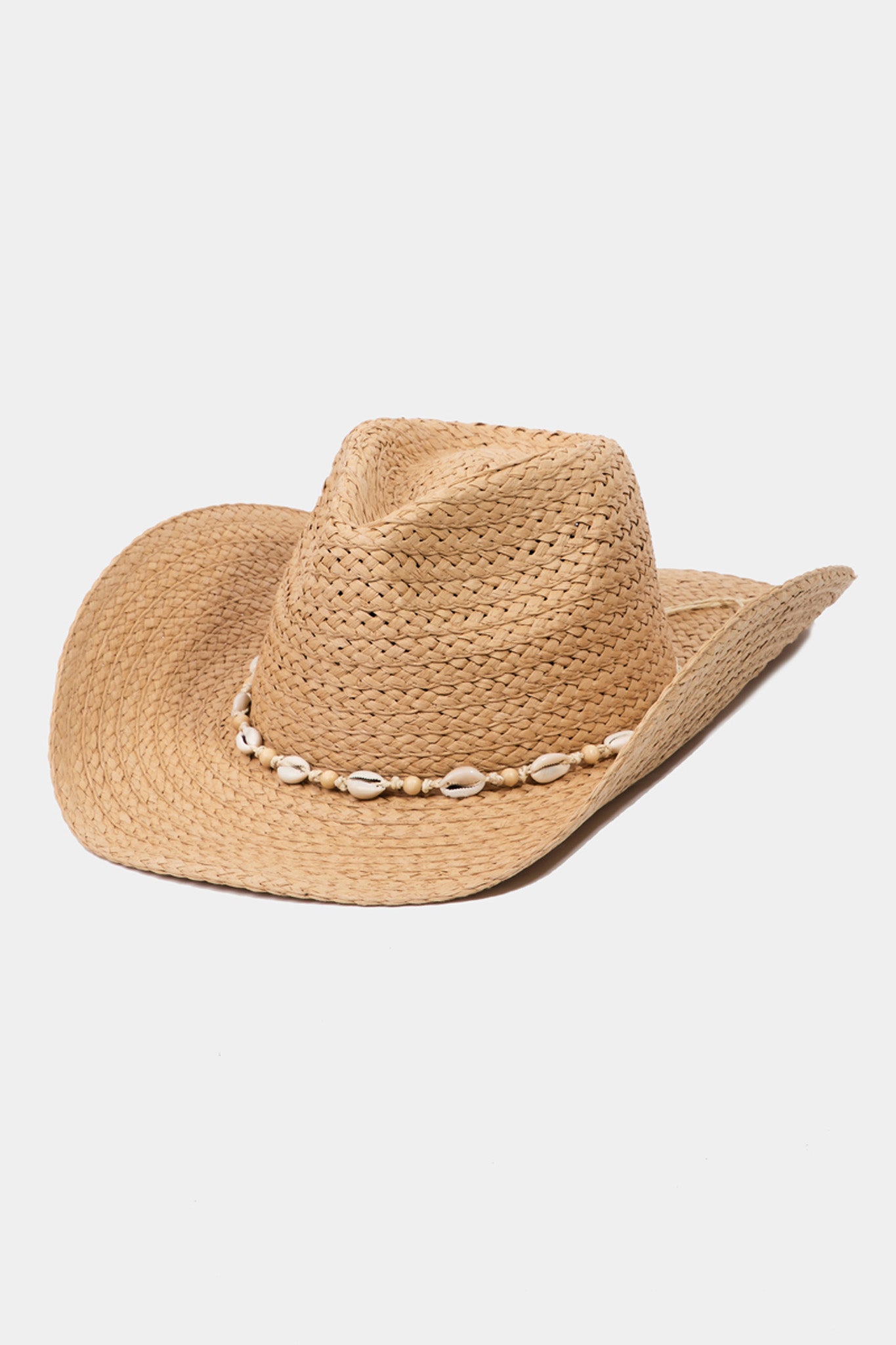 Cowrie Shell Straw Braided Cowboy Hat in Khaki