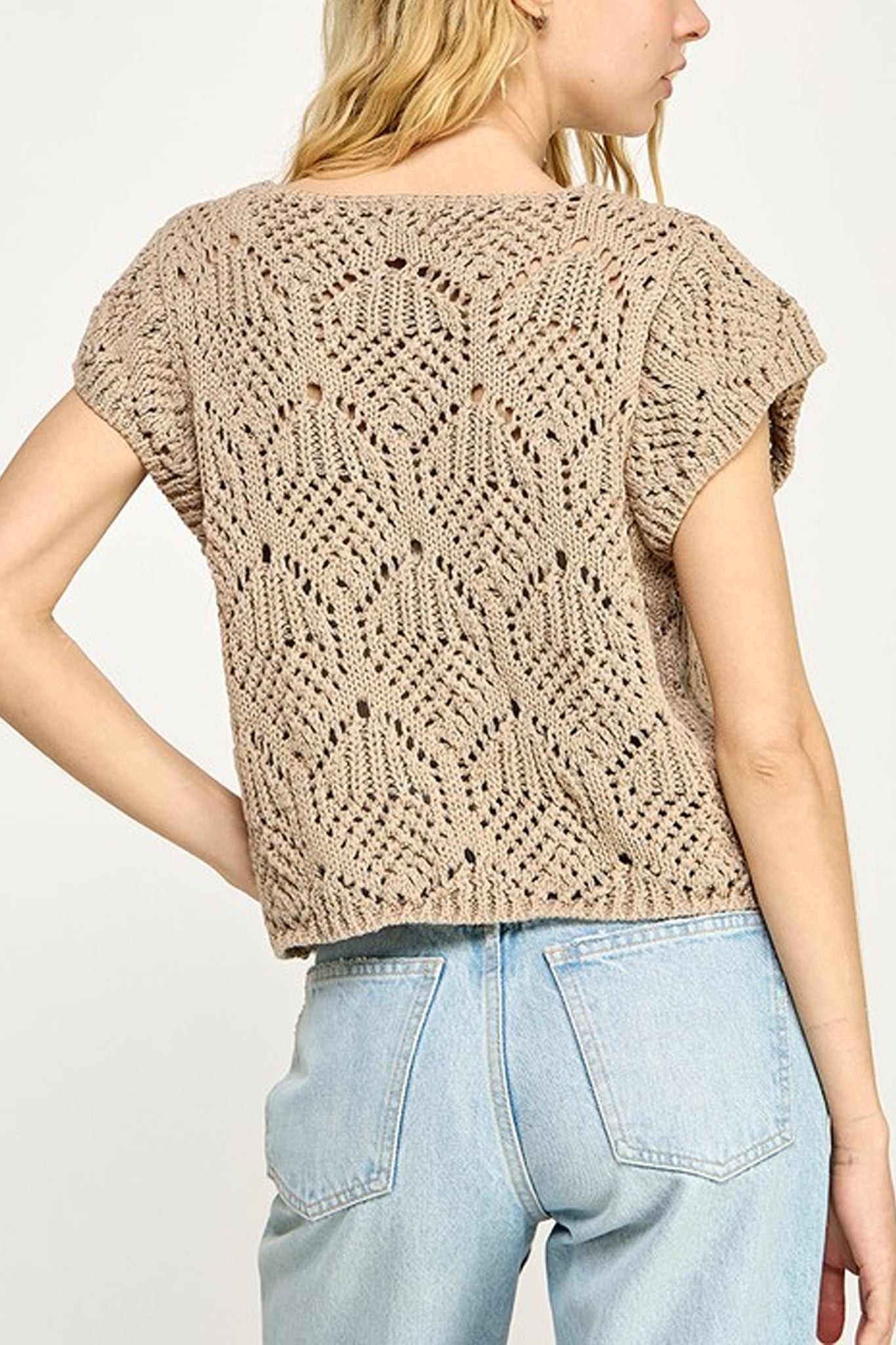 Sahara Breeze open-stitch sweater top in taupe embodies boho elegance, perfect for coastal adventures. Discover new arrivals at Larrea Cove.