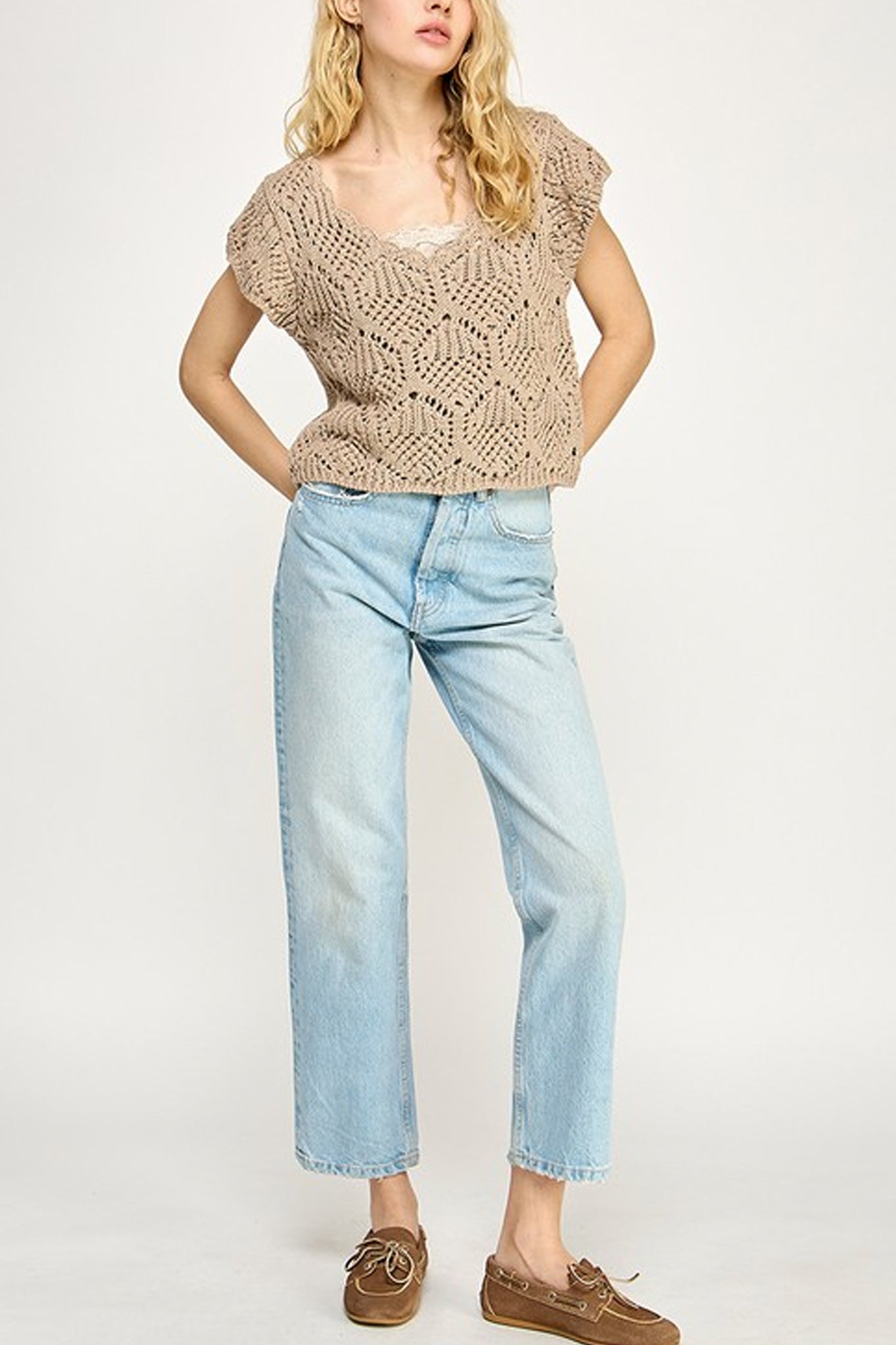Larrea Cove's Sahara Breeze open-stitch sweater top in taupe, a bohemian blouse perfect for coastal style, from our new arrivals collection.