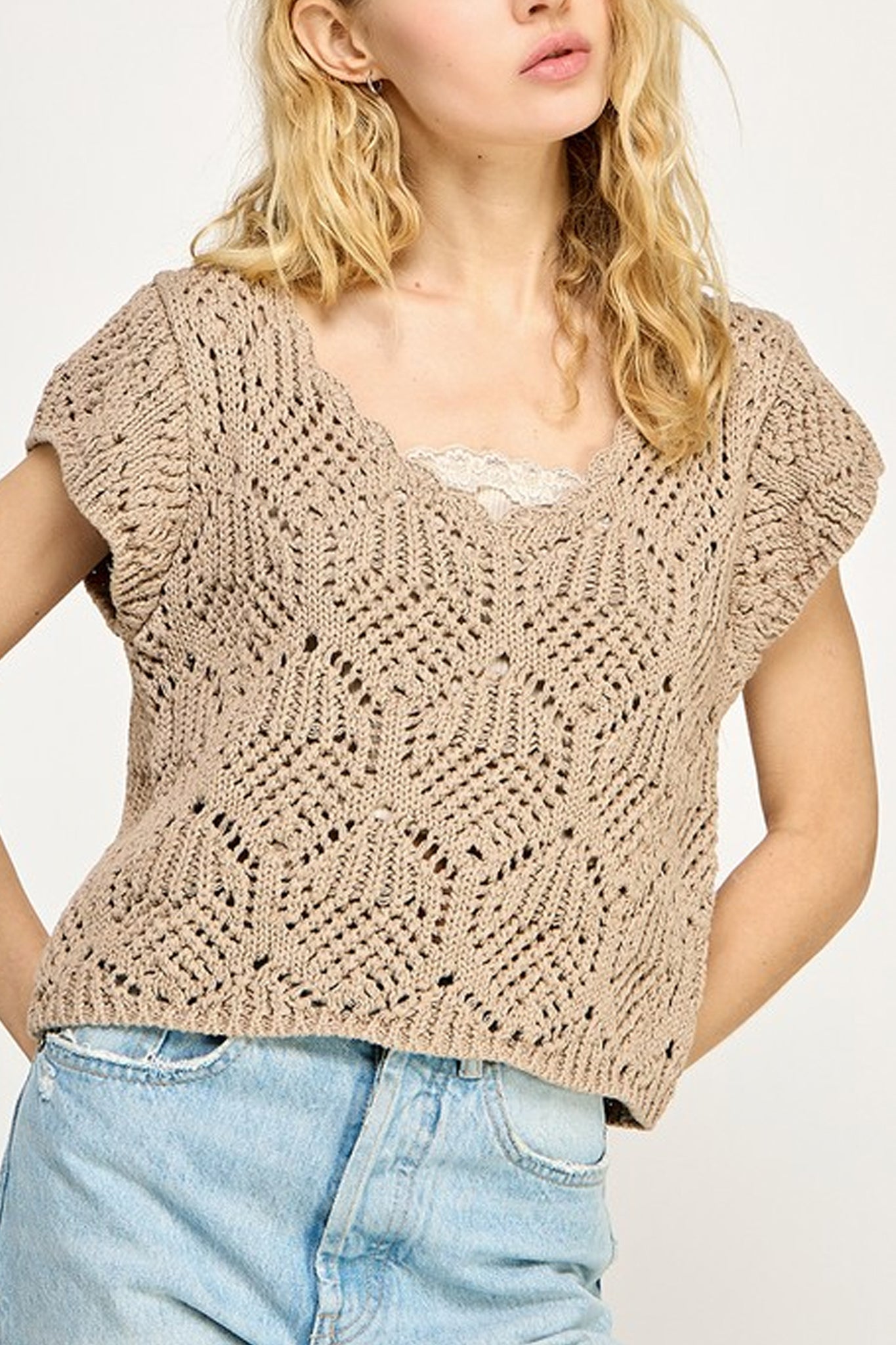 Embrace coastal vibes with the Sahara Breeze open-stitch sweater top in taupe, a bohemian blouse from Larrea Cove's new arrivals.