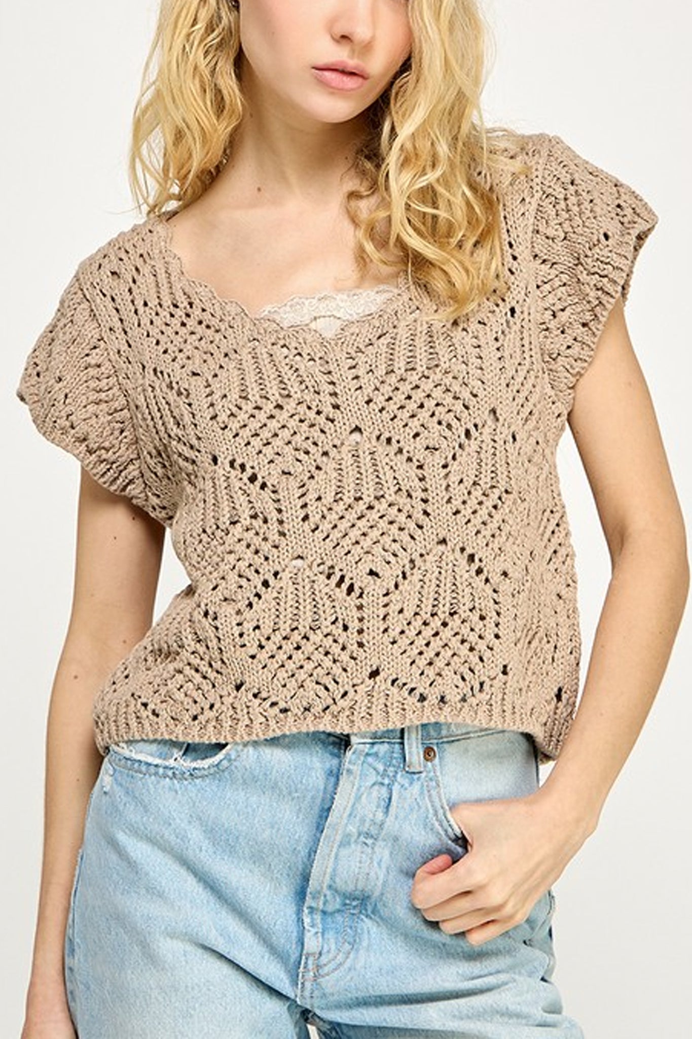 Embrace coastal elegance with the Sahara Breeze open-stitch sweater top in taupe, a boho crochet top from Larrea Cove.