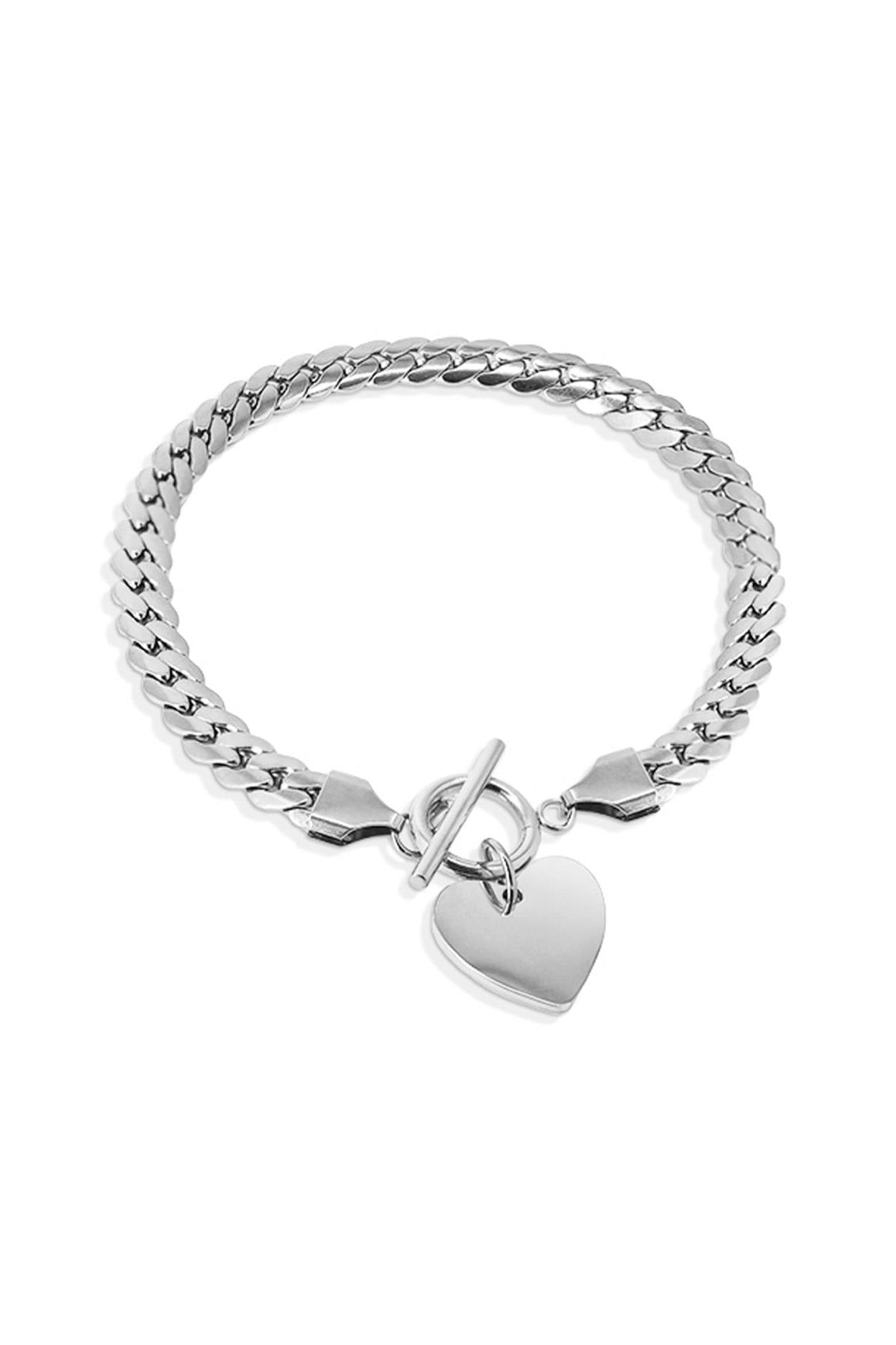 Curb Chain Bracelet with Heart Charm in Silver