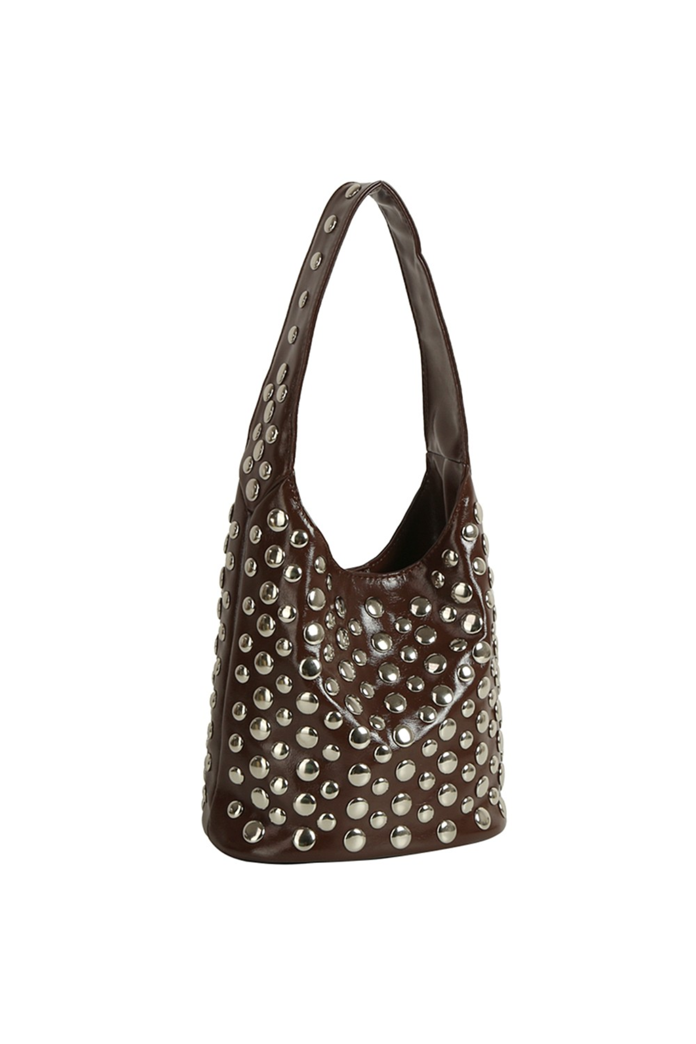 Desert Moon studded shoulder bag in rich chocolate, part of Larrea Cove's new arrivals. A boho accessory for effortless style.