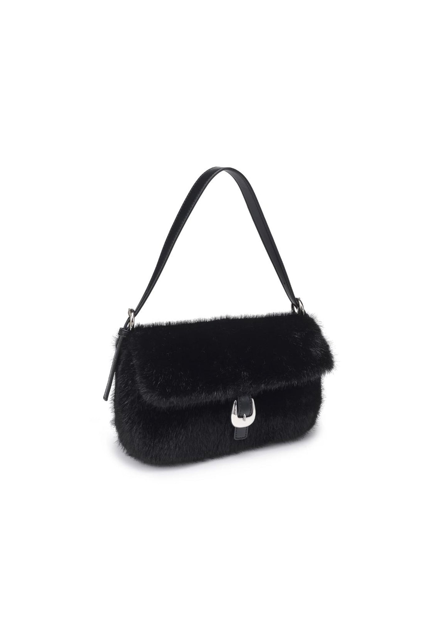 Elegant faux fur shoulder bag in black, perfect for adding a touch of boho coastal charm to any outfit.