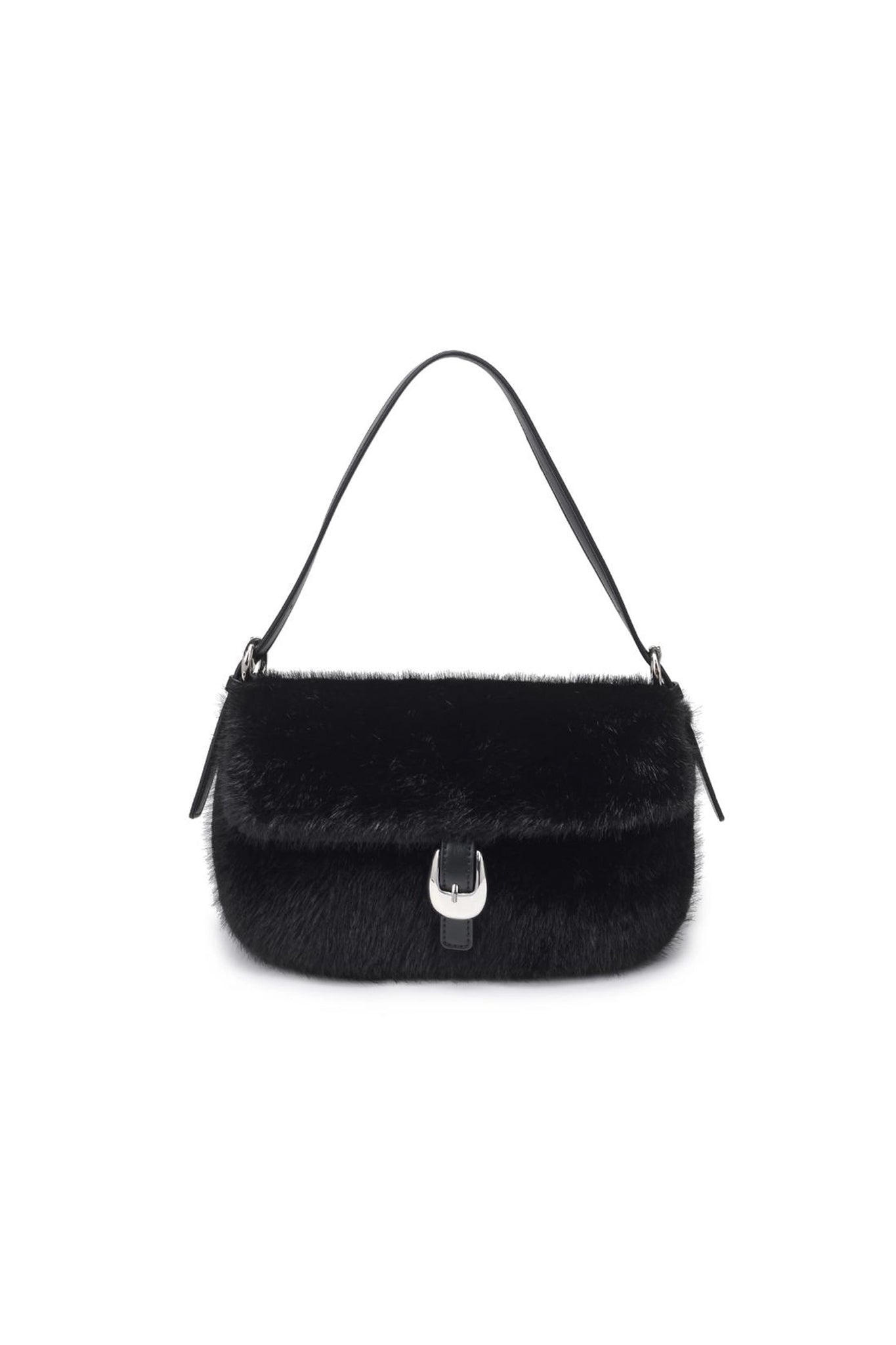 Luxurious black faux fur shoulder bag, perfect for coastal adventures, featured in Larrea Cove's new arrivals accessory collection