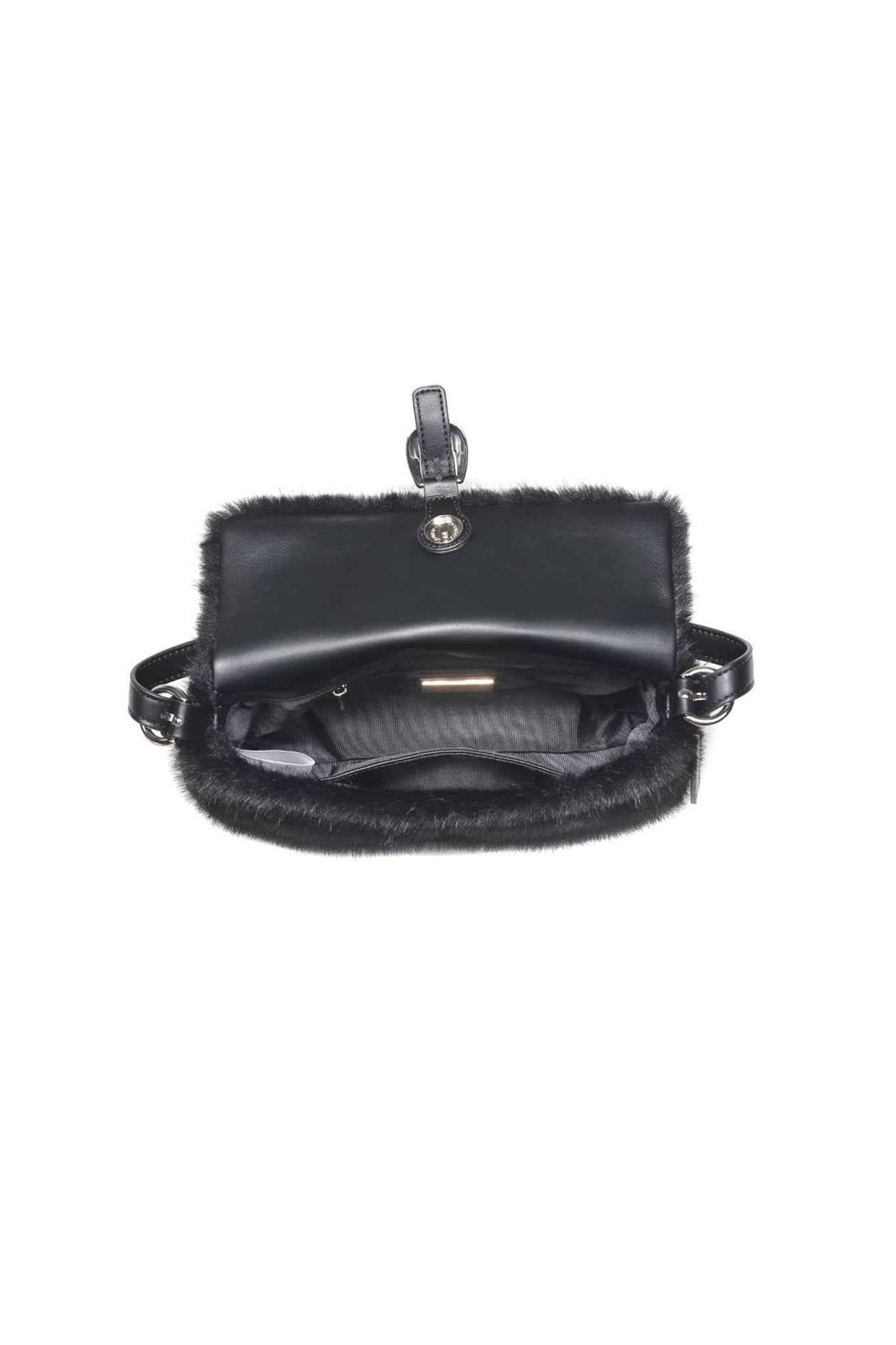 Elegant black faux fur shoulder bag from Larrea Cove's new arrivals, perfect for a chic boho coastal look.