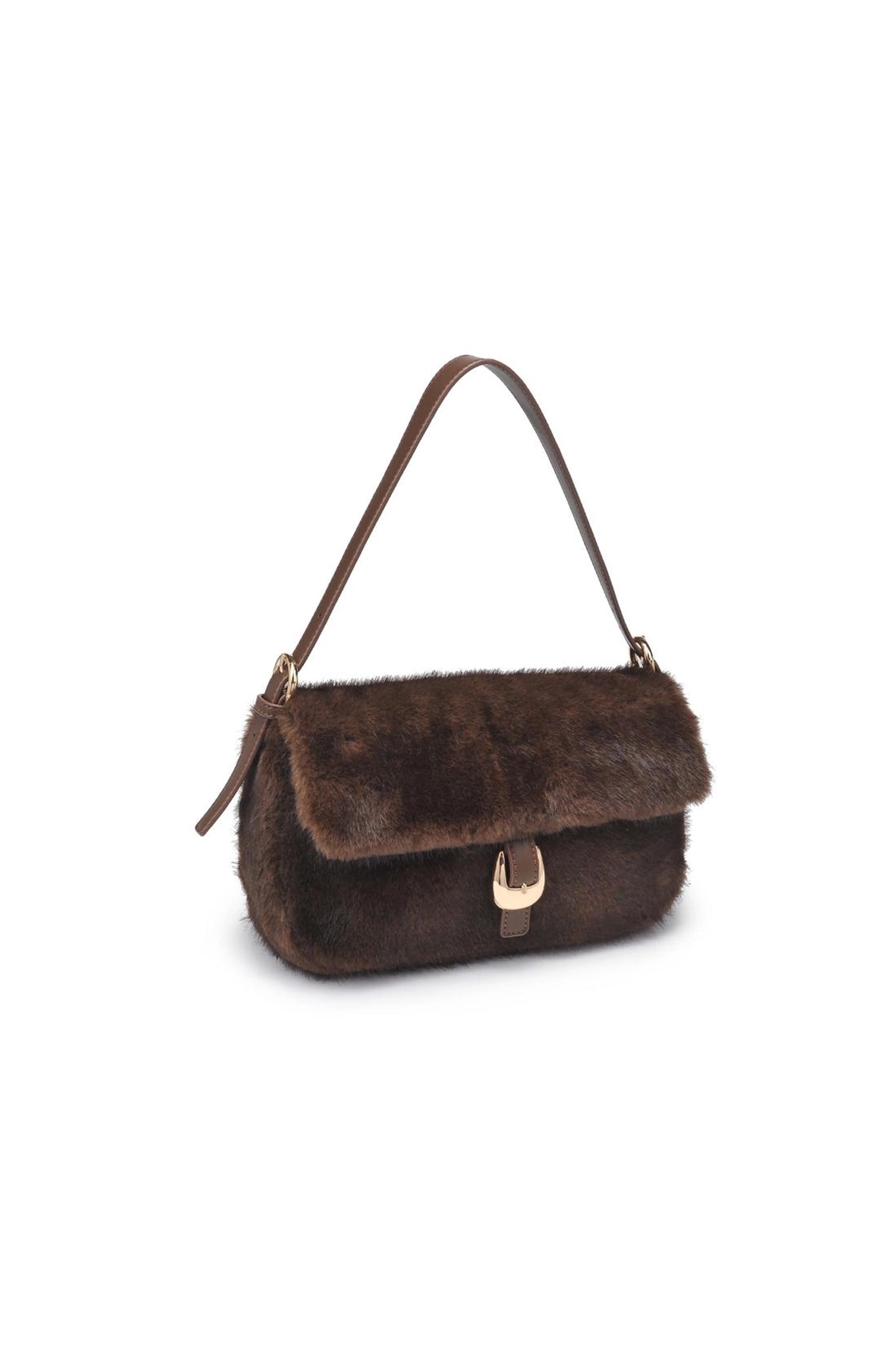 Luxurious faux fur shoulder bag in rich chocolate, adding a touch of elegance to Larrea Cove's new-arrivals accessories collection.