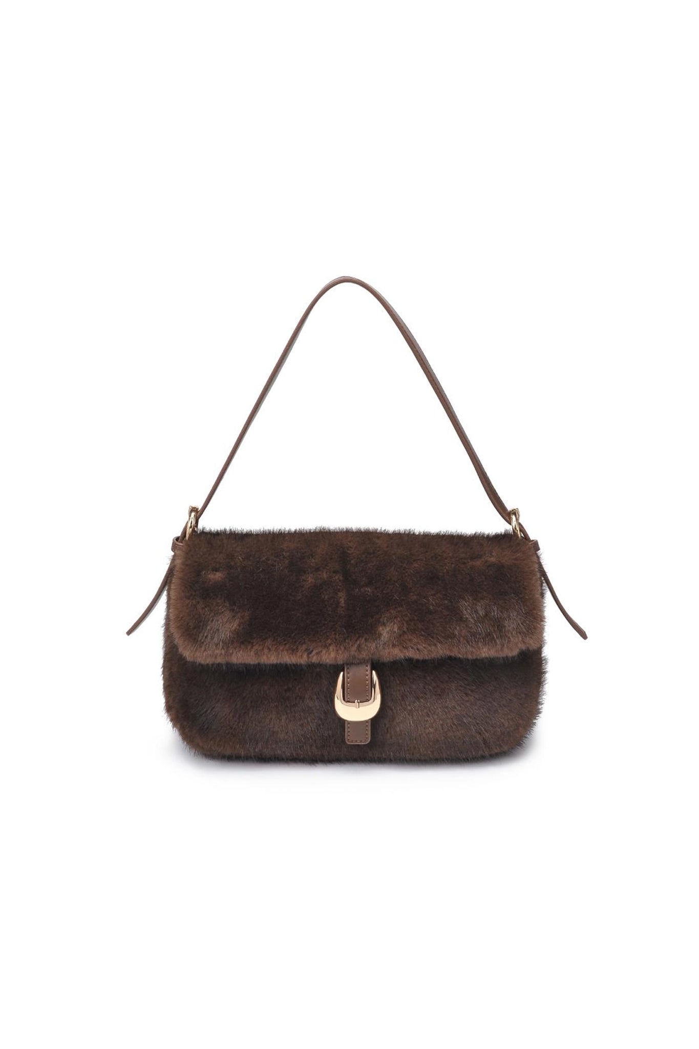 Luxurious faux fur shoulder bag in rich chocolate, perfect for boho coastal style, from Larrea Cove's new arrivals collection.