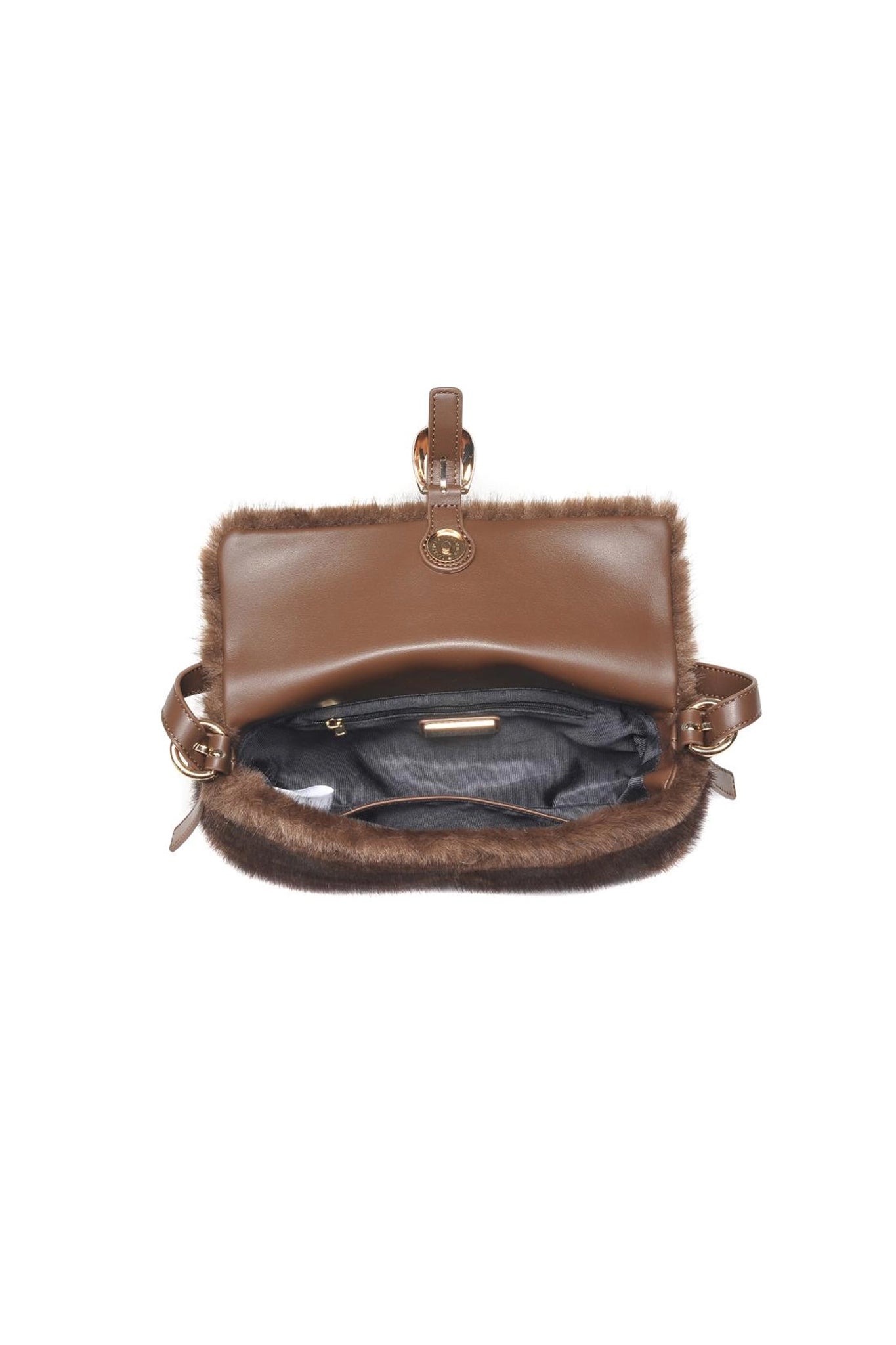 Luxurious faux fur shoulder bag in rich chocolate, perfect for accessorizing your boho coastal style with Larrea Cove's new arrivals.