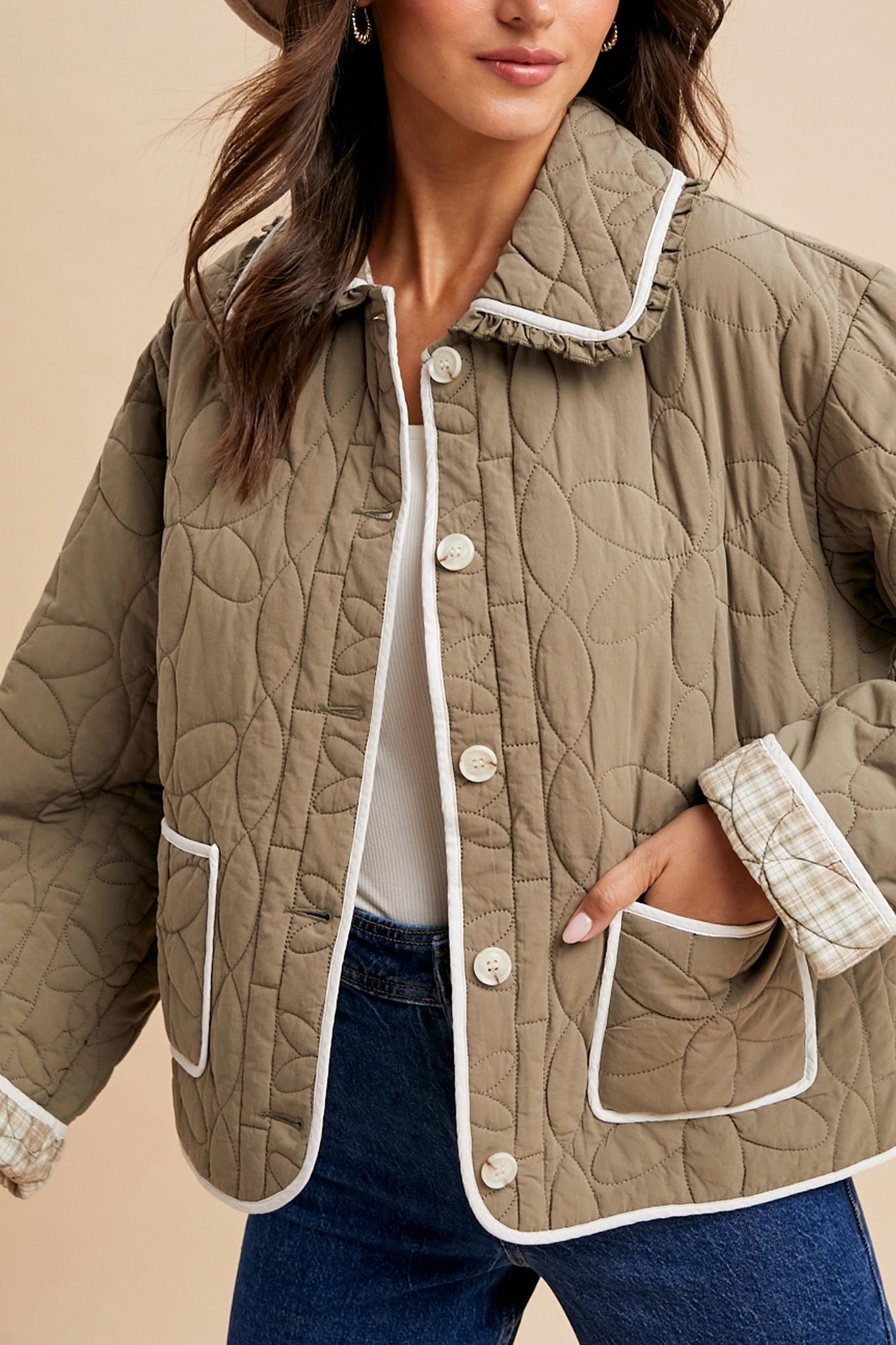 Embrace boho coastal charm with Larrea Cove's Meadow Trail Quilted Jacket in olive, perfect for layering in new arrivals.