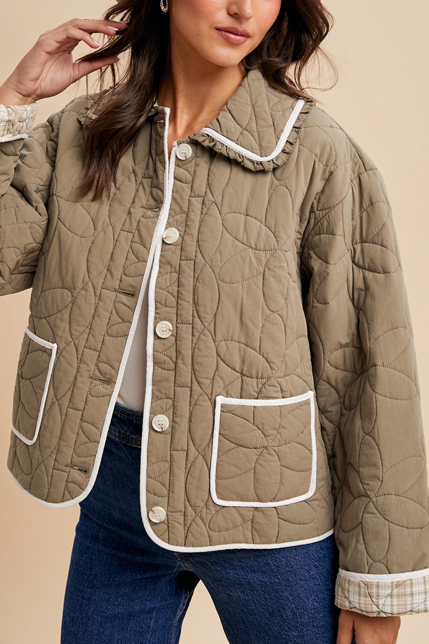 Embrace serene coastal vibes with Larrea Cove's Meadow Trail Quilted Jacket in olive, a boho outerwear essential for new arrivals.