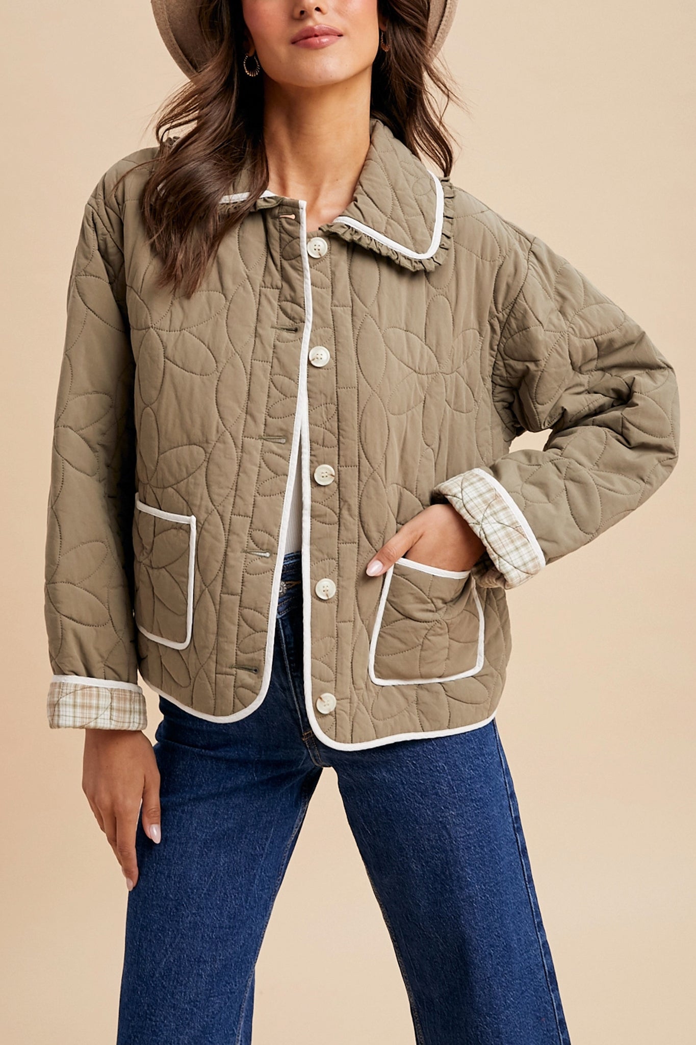 Embrace boho coastal charm with the Meadow Trail Quilted Jacket in olive, a new-arrival outerwear from Larrea Cove.