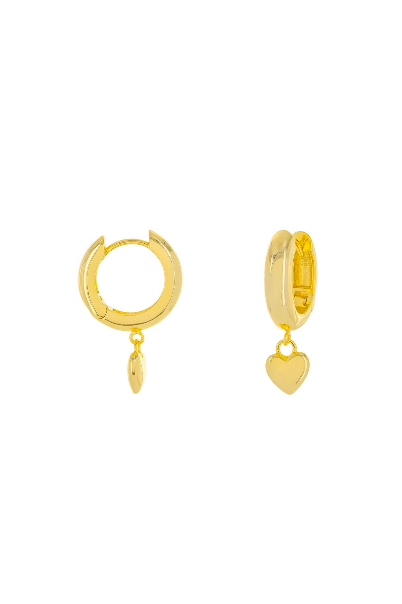 Gold-plated huggie earrings featuring a heart charm, designed by COLUMBUS. The earrings have a sleek, modern look suitable for everyday wear.