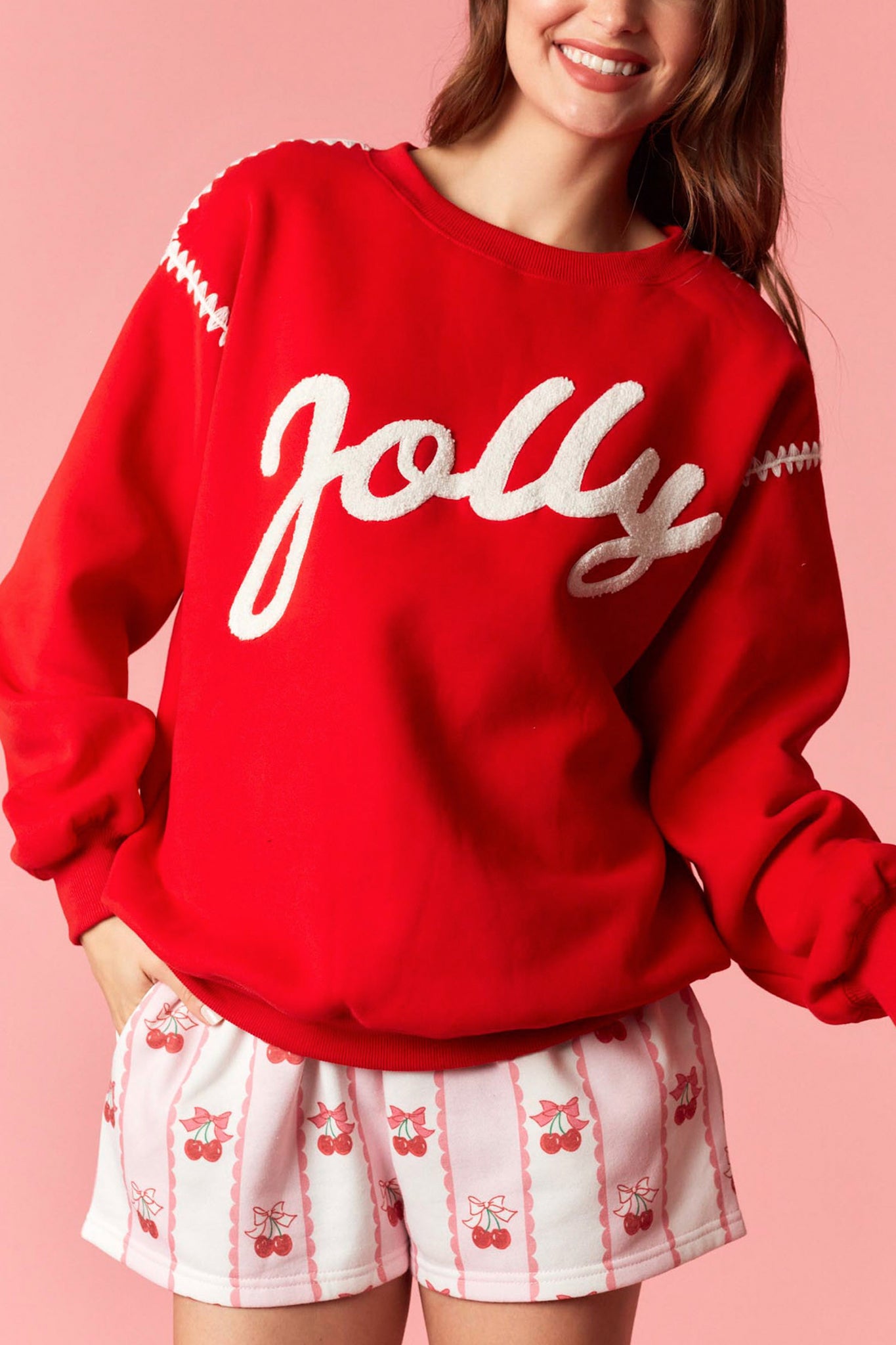 Jolly Contrast Stitching Sweatshirt in Red