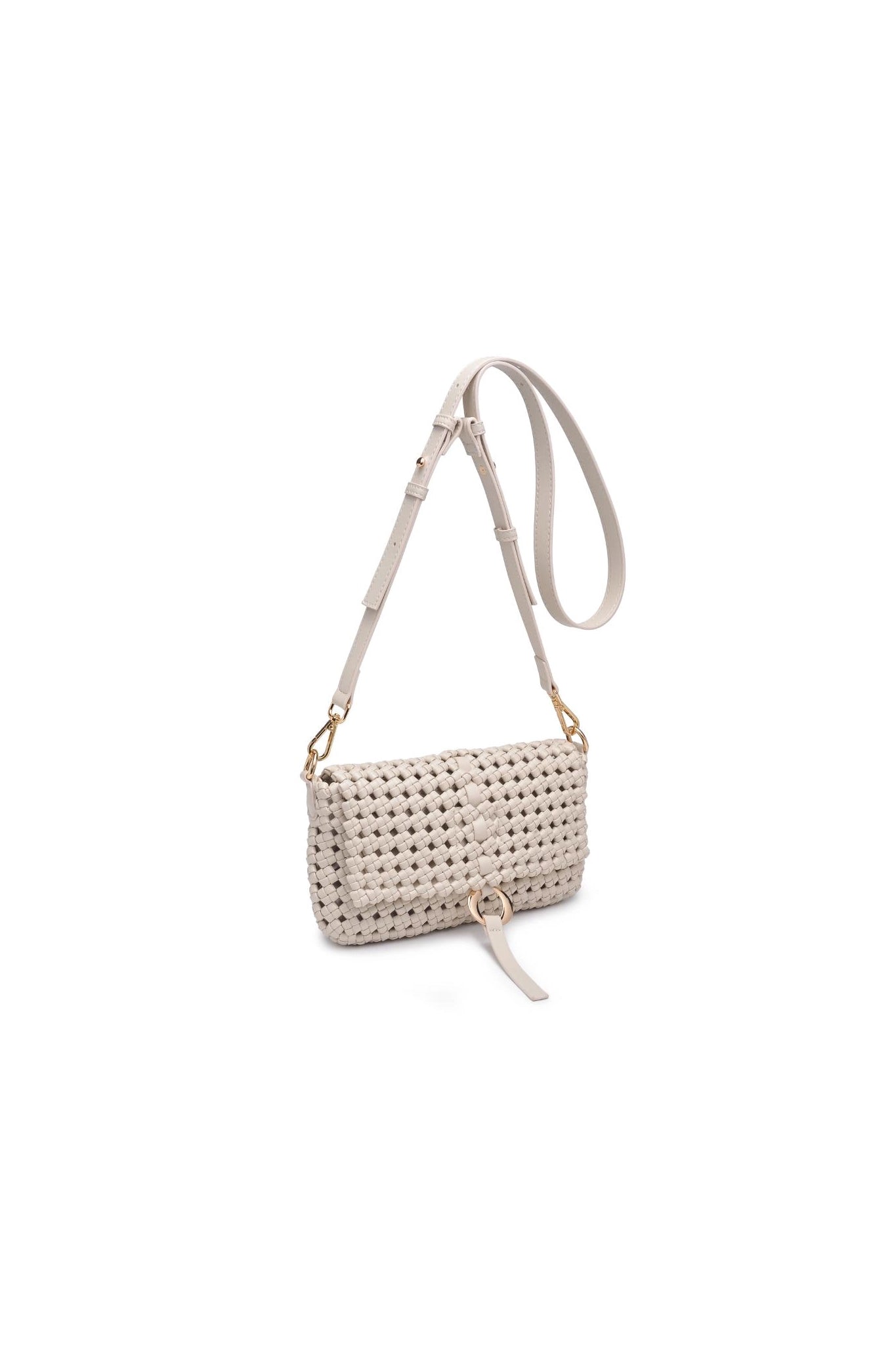 Larrea Cove's knot woven crossbody bag in oatmilk blends boho chic with coastal elegance, perfect for new-arrivals collection.