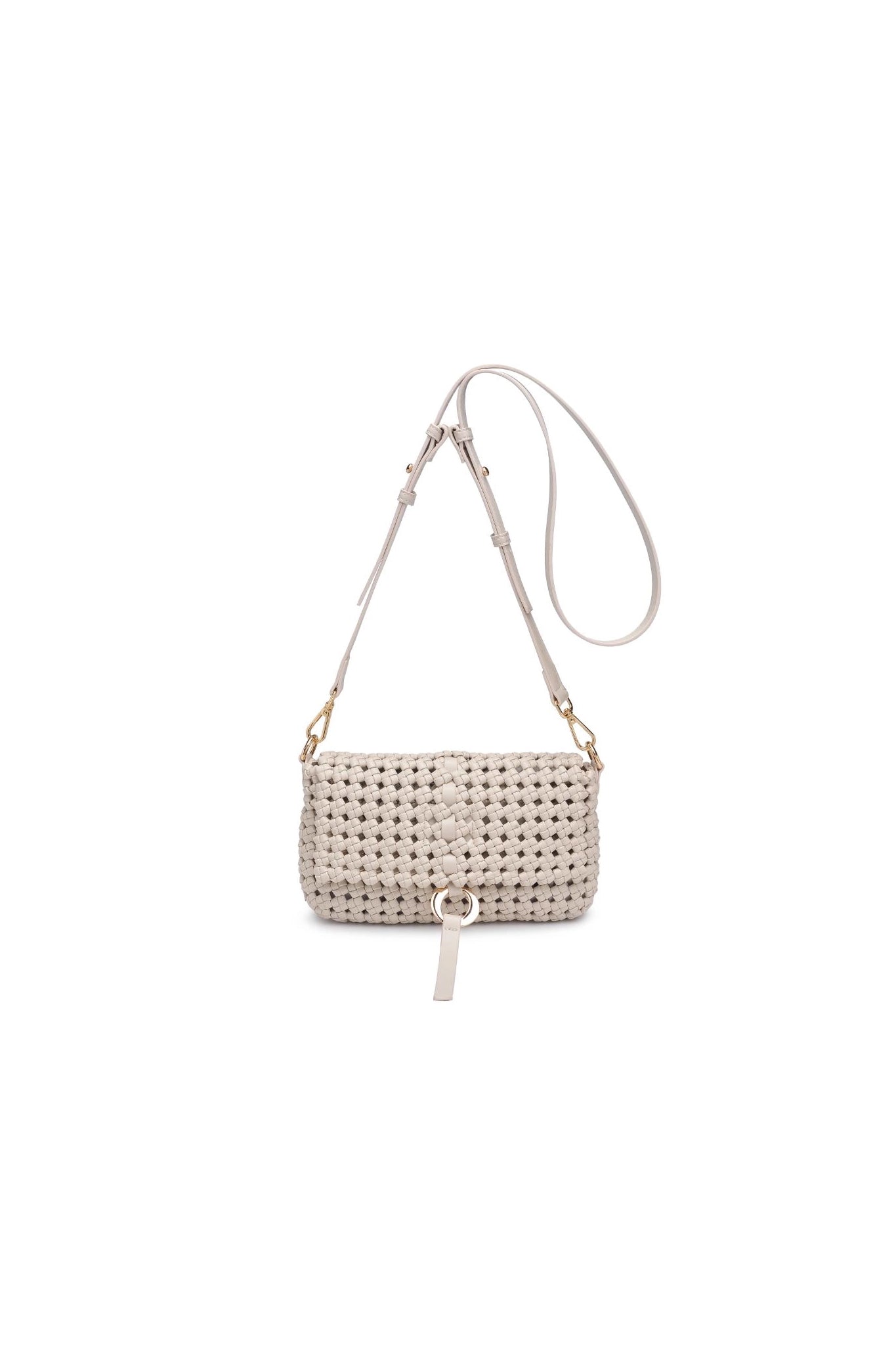 Embrace coastal charm with Larrea Cove's knot woven crossbody in oatmilk, a serene blend of boho style and functionality.