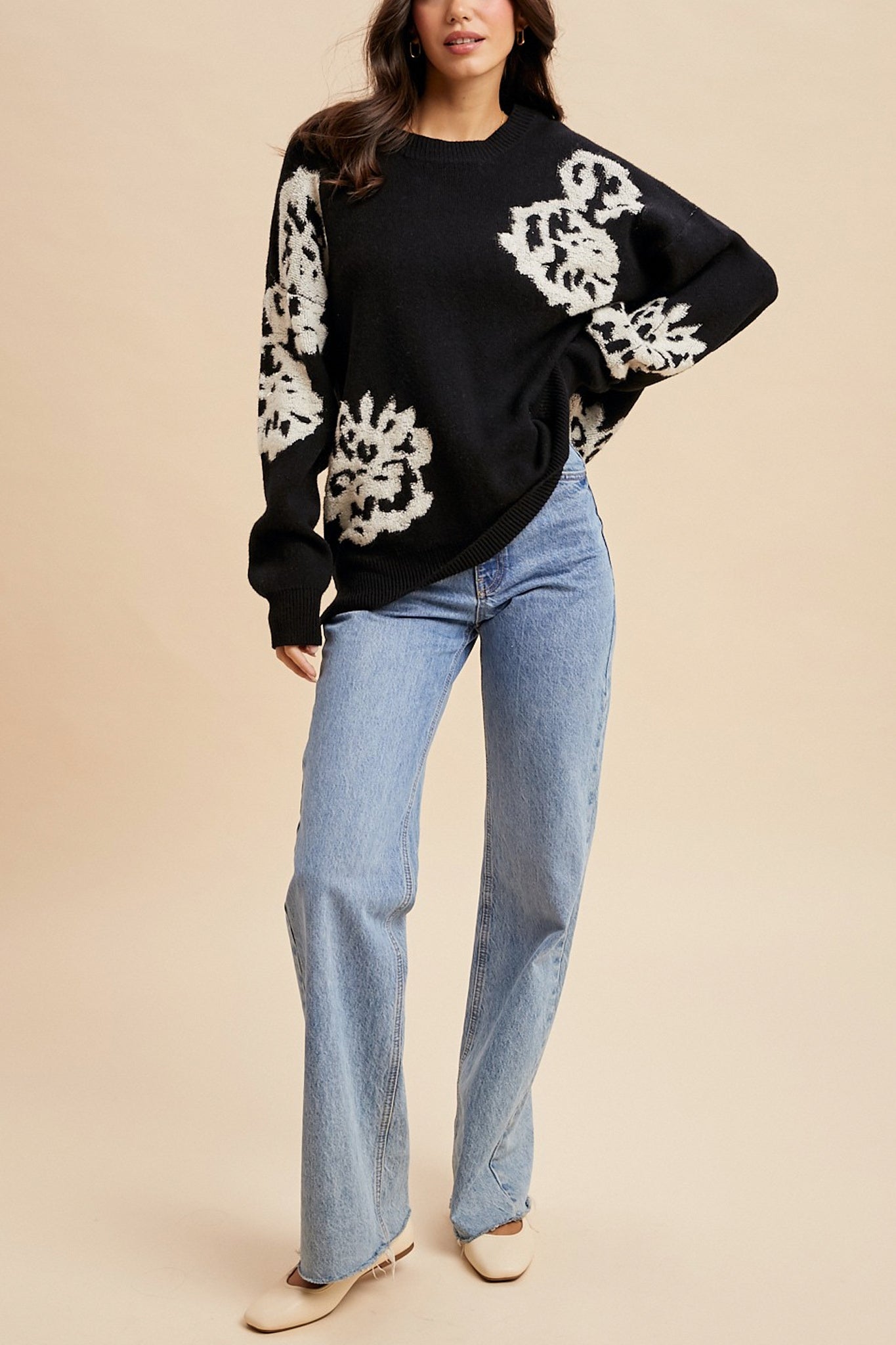 Lanta Floral Intarsia Knit Sweater in Black