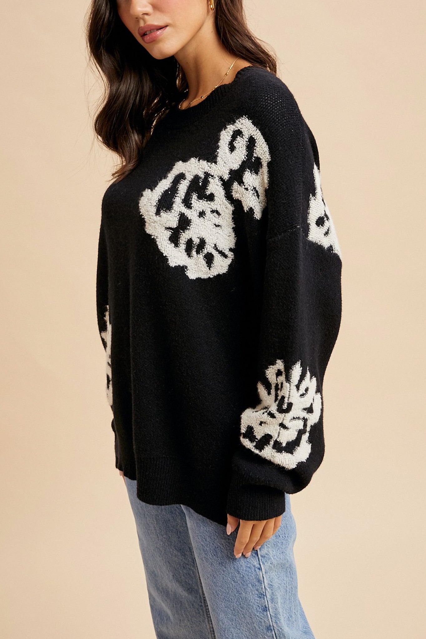 Lanta Floral Intarsia Knit Sweater in Black