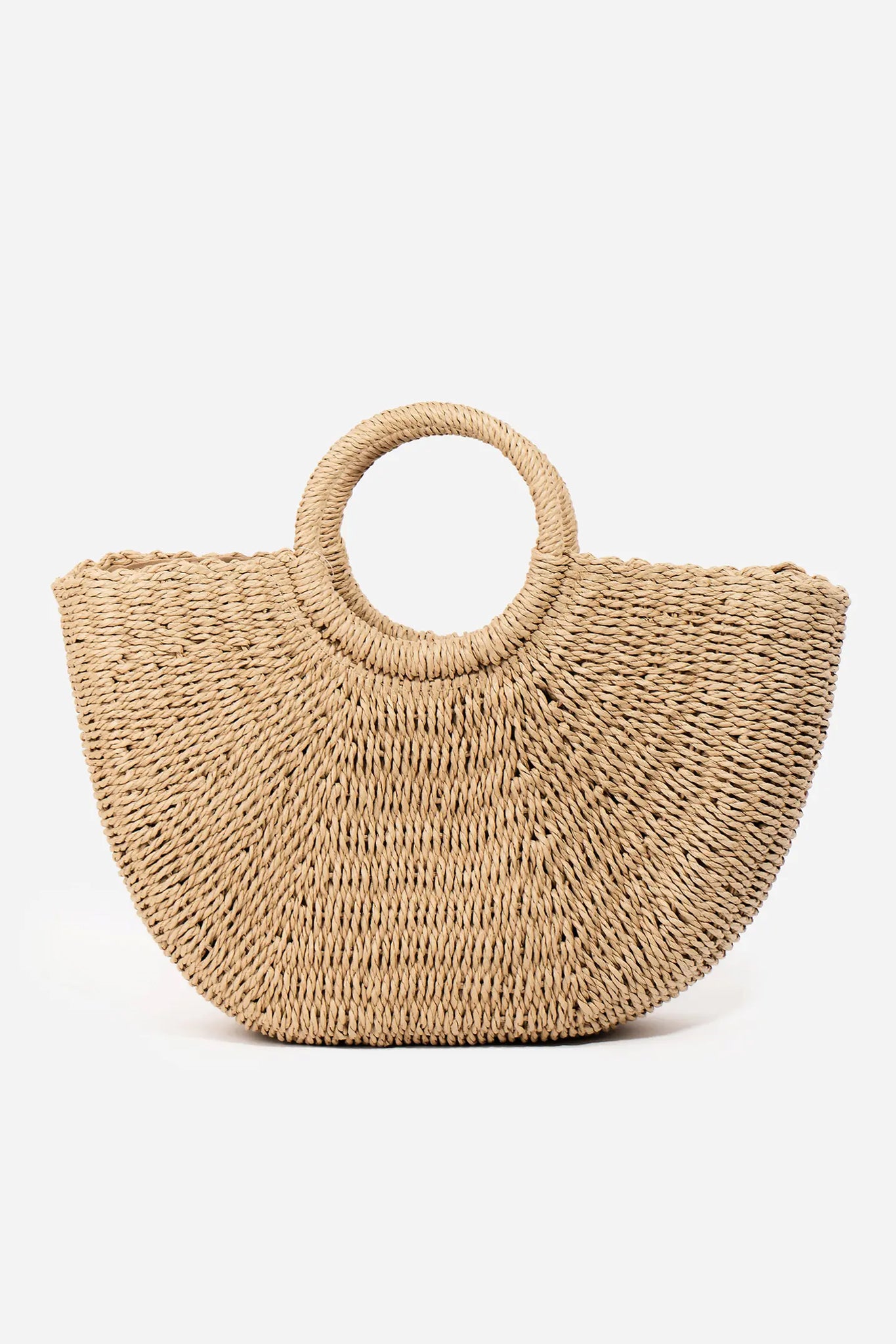 Tan Marra circle handle straw bag, perfect for a boho coastal vibe, from Larrea Cove's new arrivals collection.