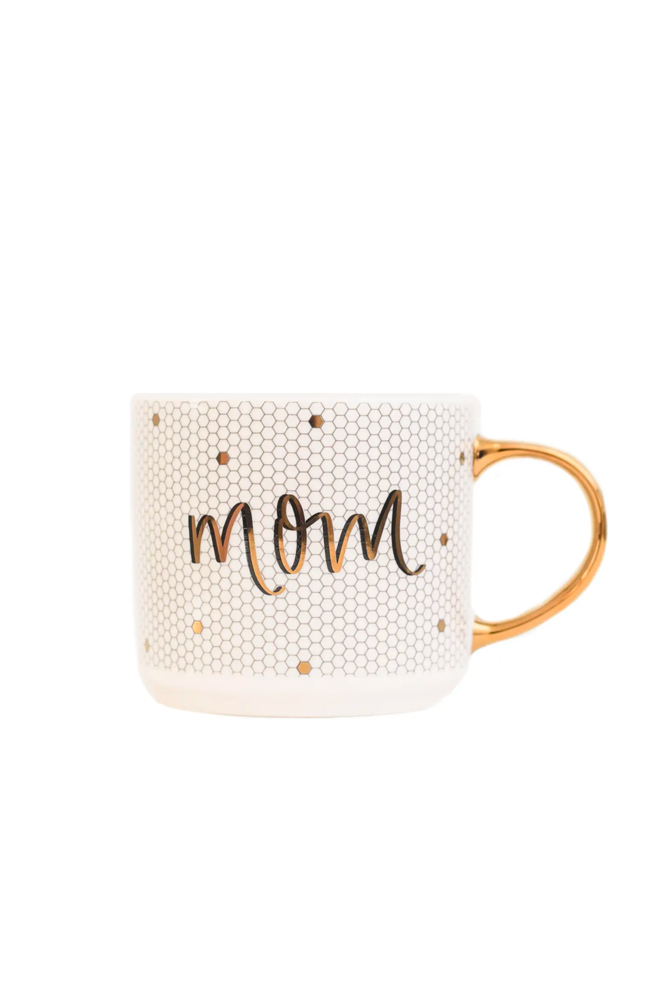 A ceramic mug featuring a tiled design with the word "Mom" prominently displayed. The mug is part of the Home & Decor collection by Sweet Water Decor. It is suitable for everyday use and adds a personal touch to kitchenware. The image is likely to appeal to customers looking for unique gifts or home accessories.