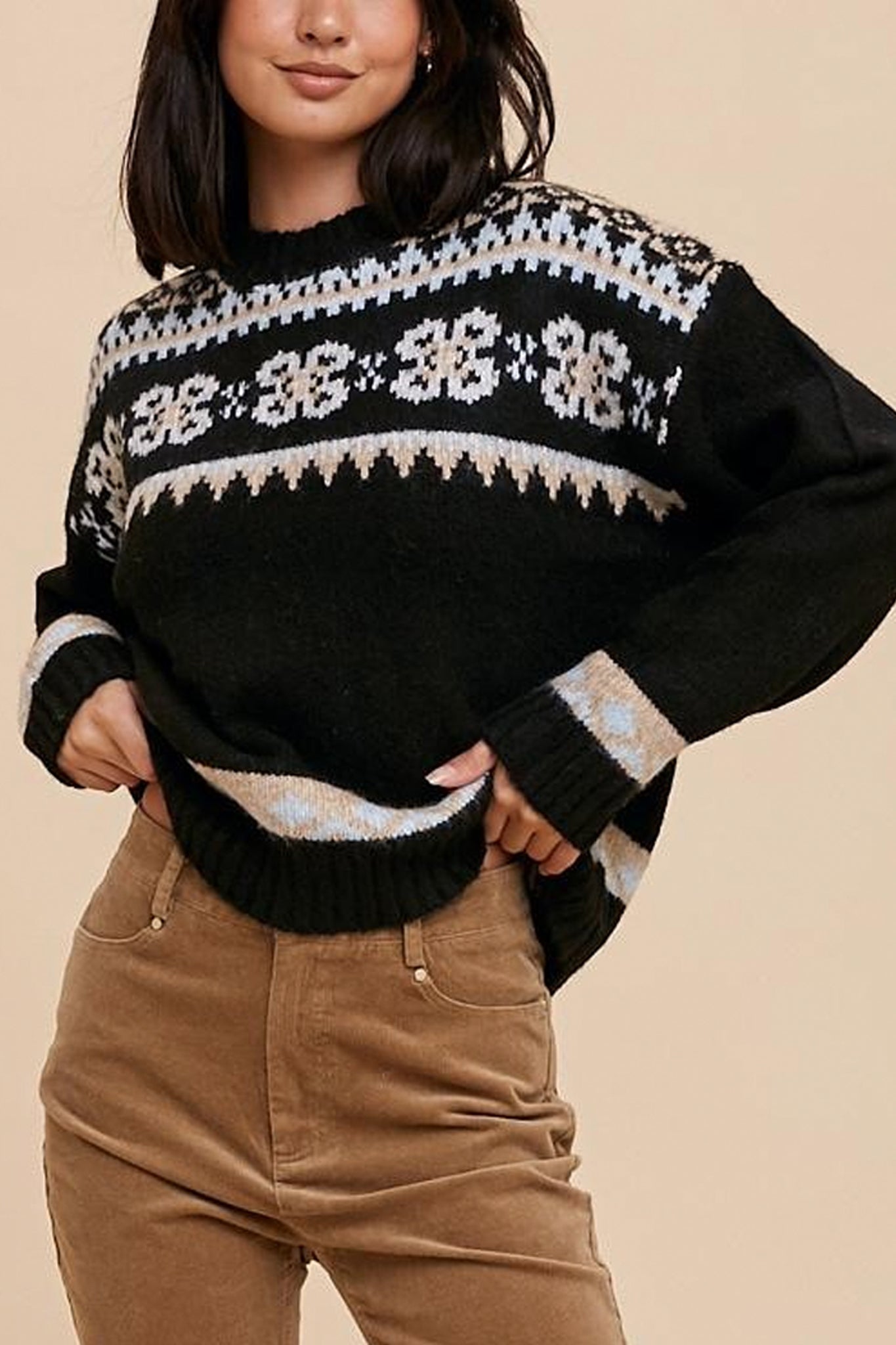 Moonshine Fair Isle Crewneck Sweater in Black