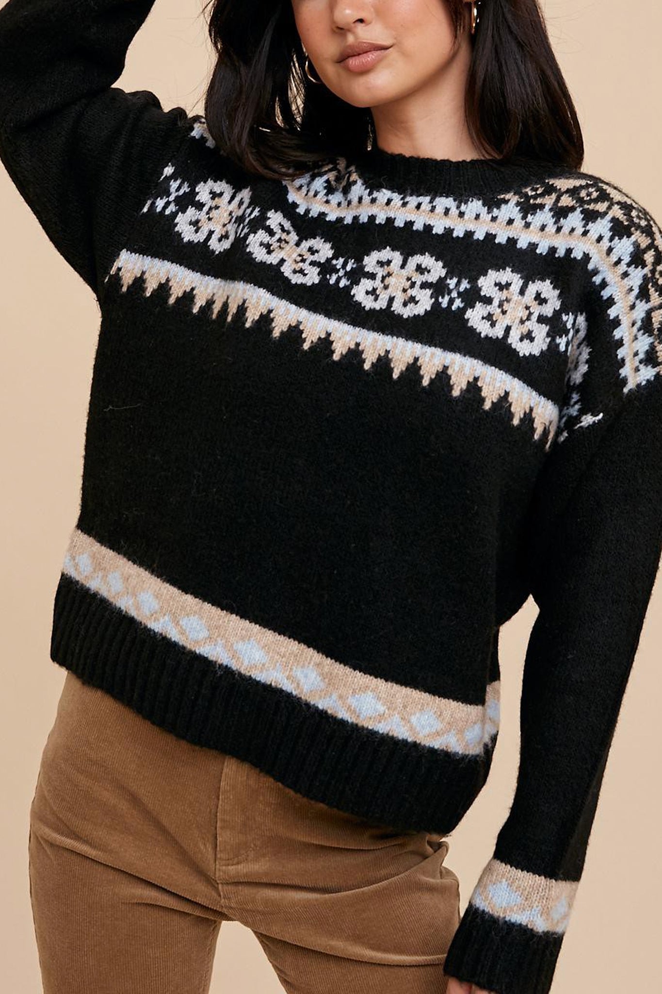 Moonshine Fair Isle Crewneck Sweater in Black
