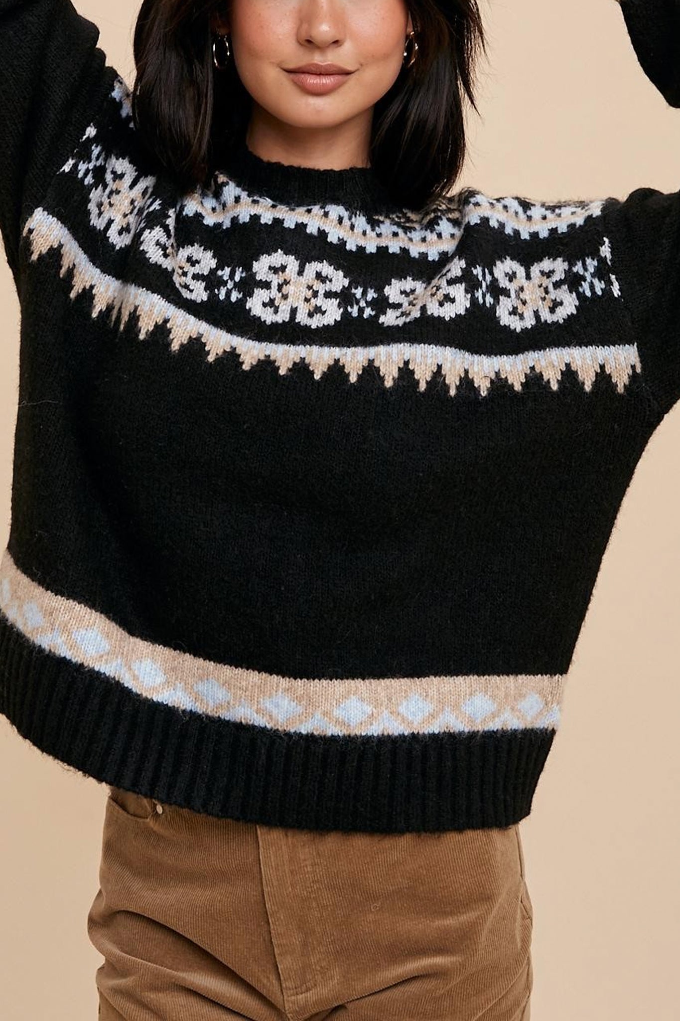 Moonshine Fair Isle Crewneck Sweater in Black