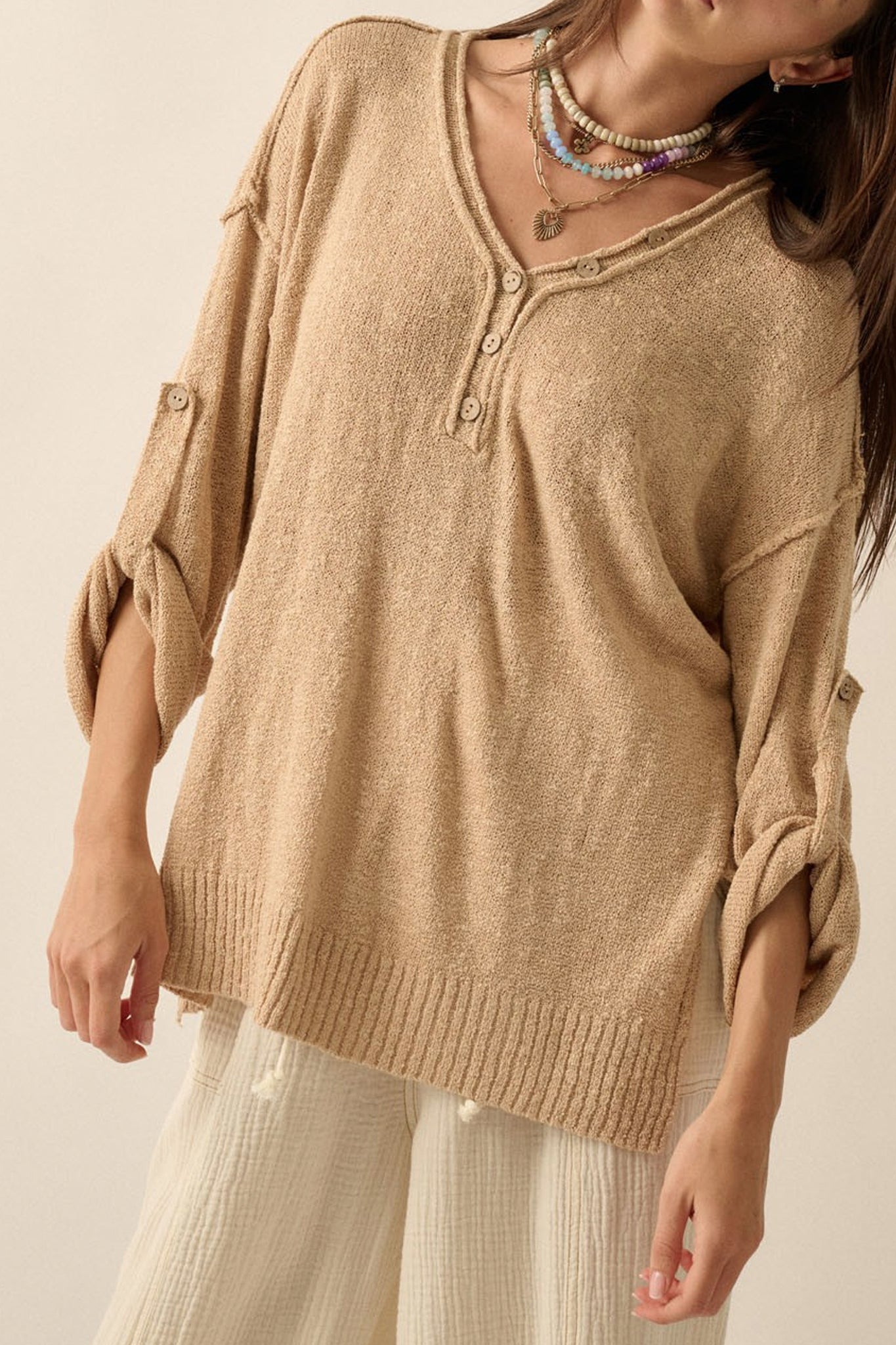 Oversized Henley Sweater Top
