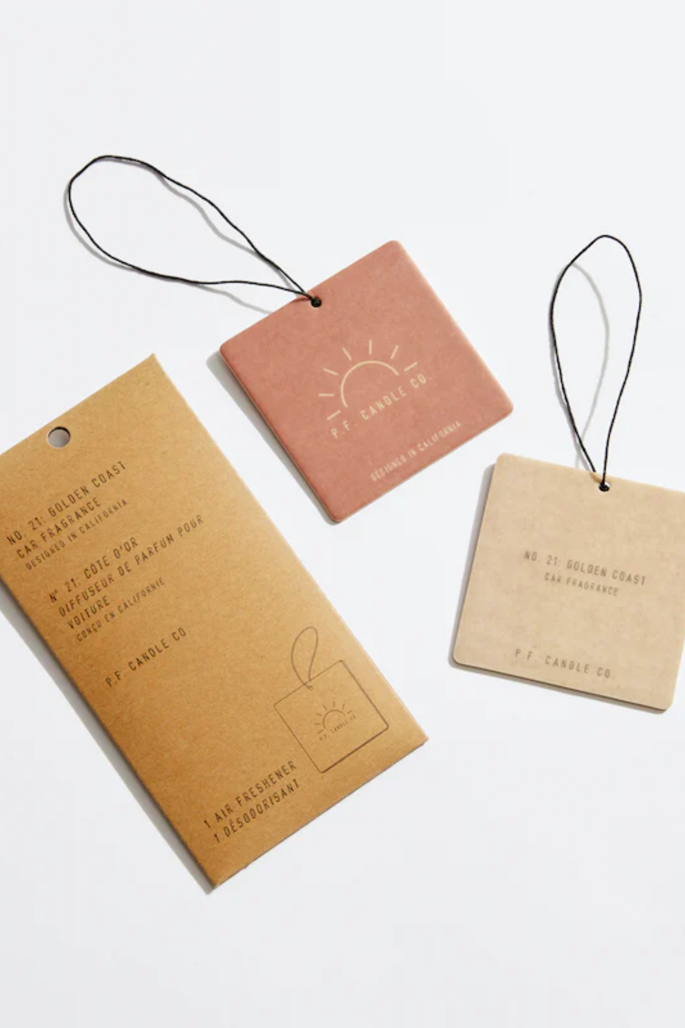 P.F. Candle Co. Golden Coast car fragrance 2-pack evokes coastal serenity with fresh, aromatic scents perfect for home or travel.