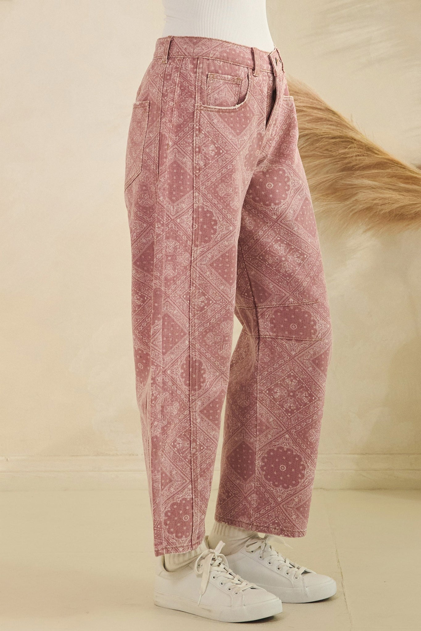 High Noon Paisley Barrel Jeans in Washed Pink